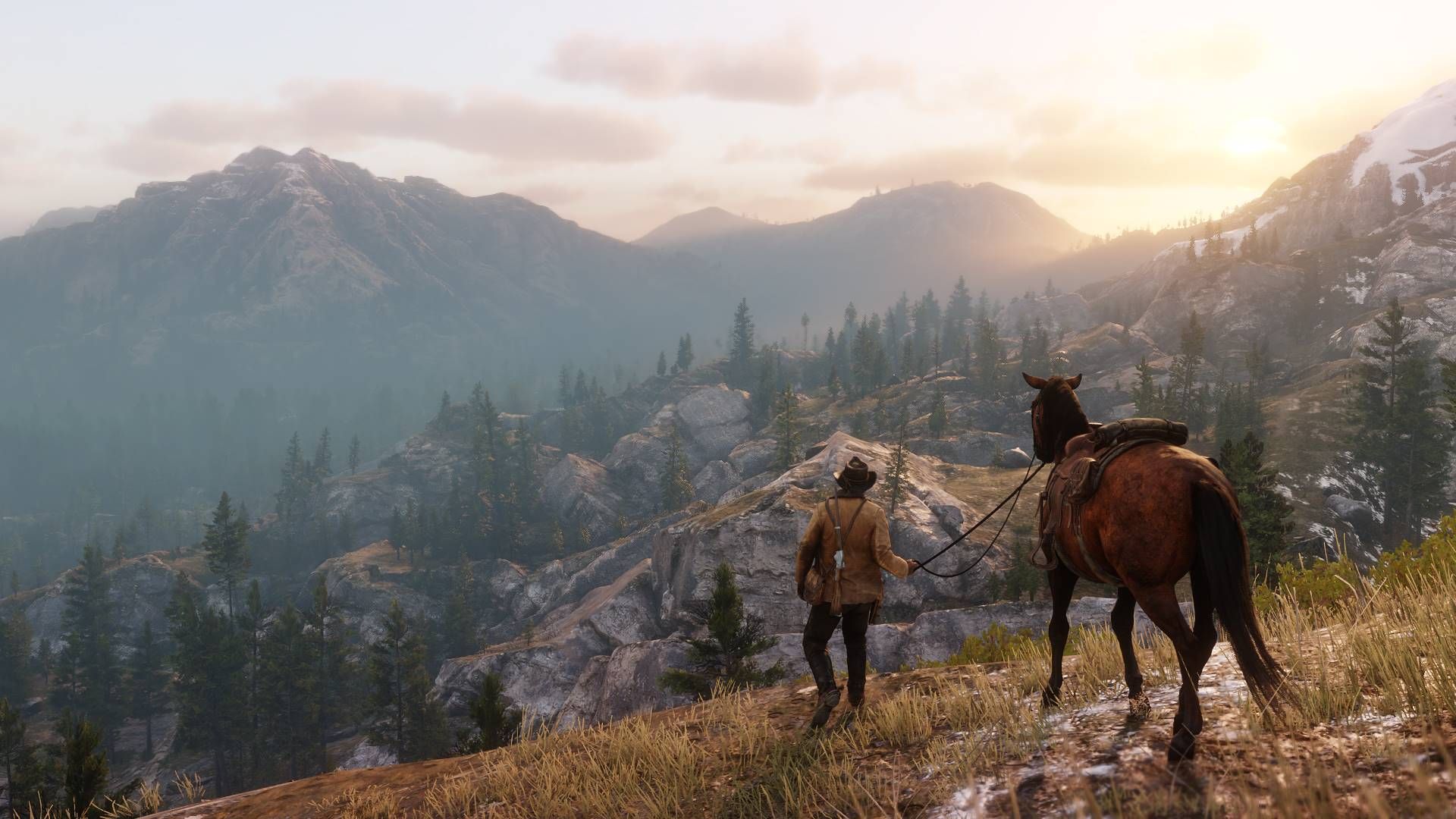 آرتور مورگان و اسب روی یک کوه در بازی Red Dead Redemption 2 