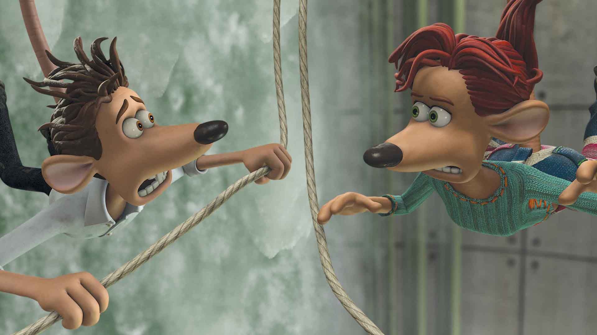 دو شخصیت اصلی انیمیشن Flushed Away روی هوا هستند