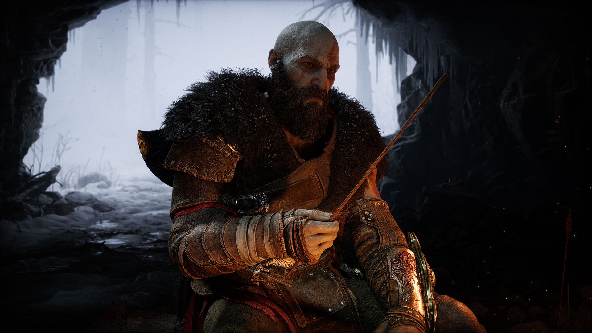کریتوس در حال درست کردن تیرِ کمان در God of War Ragnarok