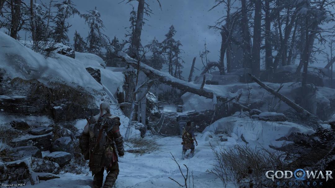 کریتوس و آتریوس در جنگل‌های ازگارد در بازی God of War Ragnarok