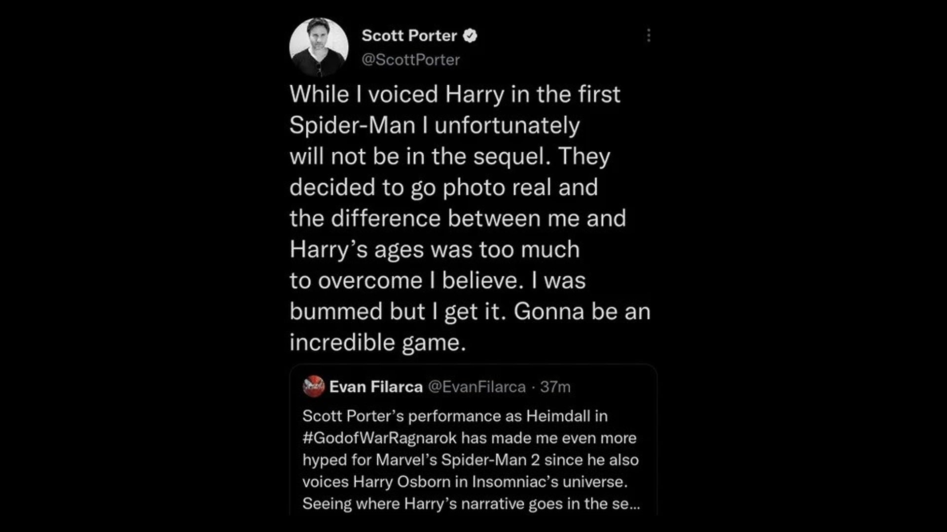 توییت پاک‌شده اسکات پورتر درمورد هری آزبورن در Marvel's Spider-Man 2