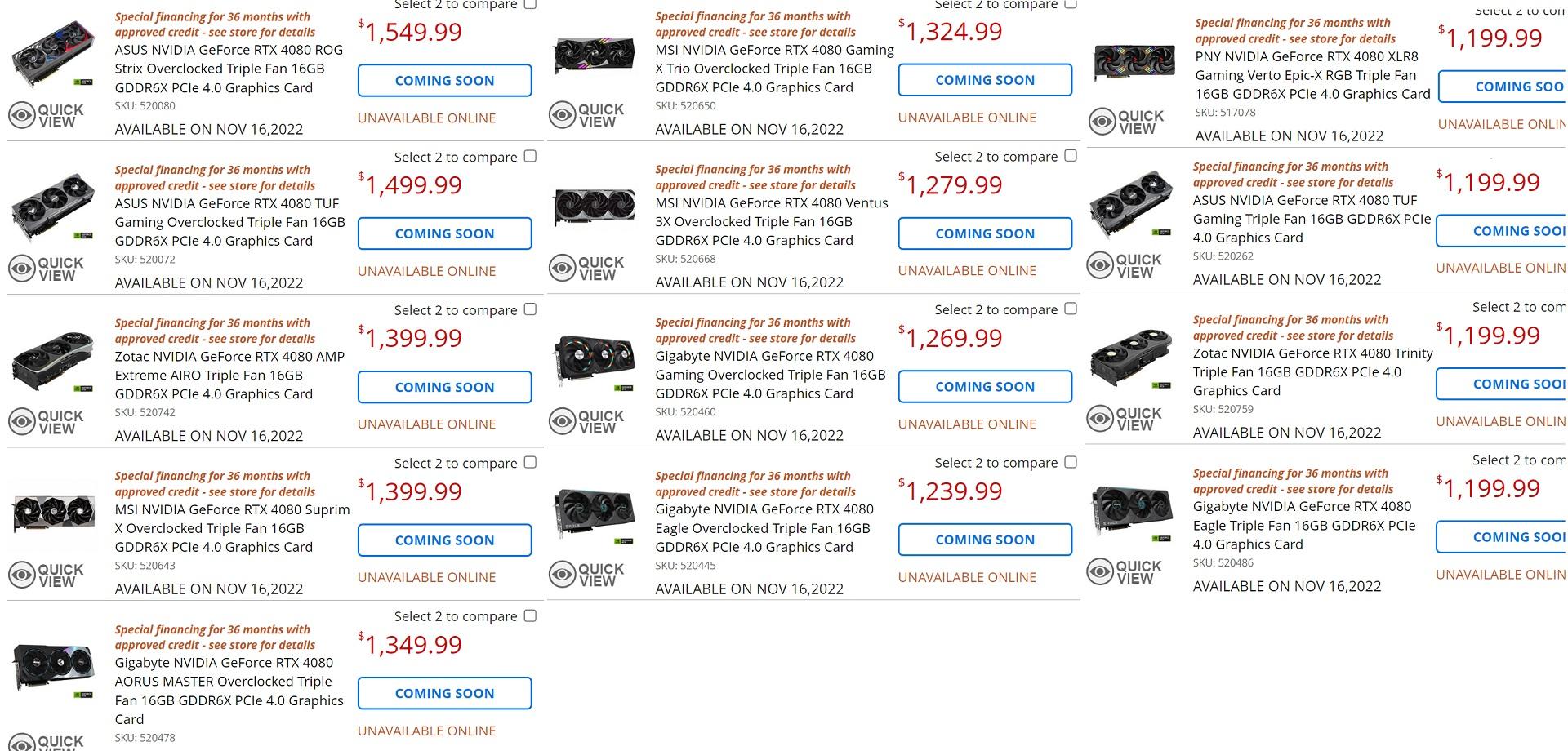 قیمت کارت های گرافیک RTX4080 در فروشگاه MicroCenter