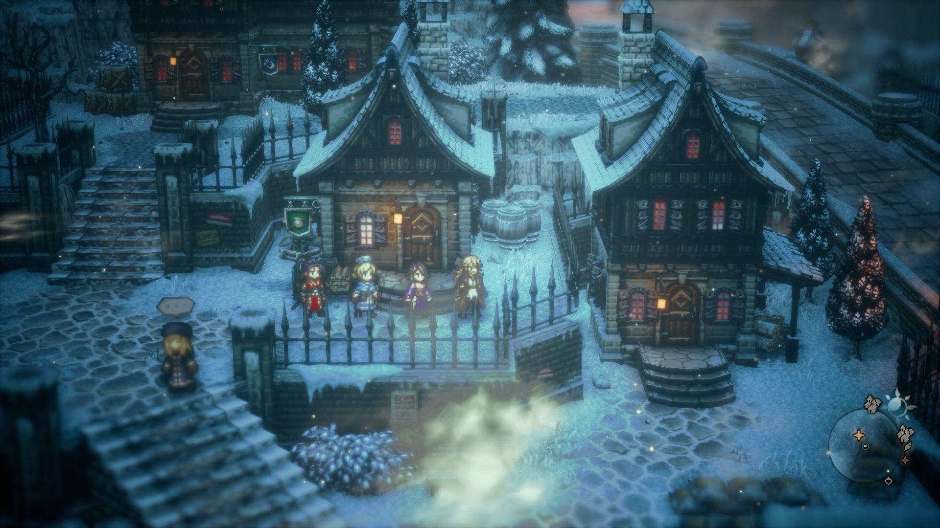 چهار شخصیت بازی Octopath Traveler 2 در شهر برفی