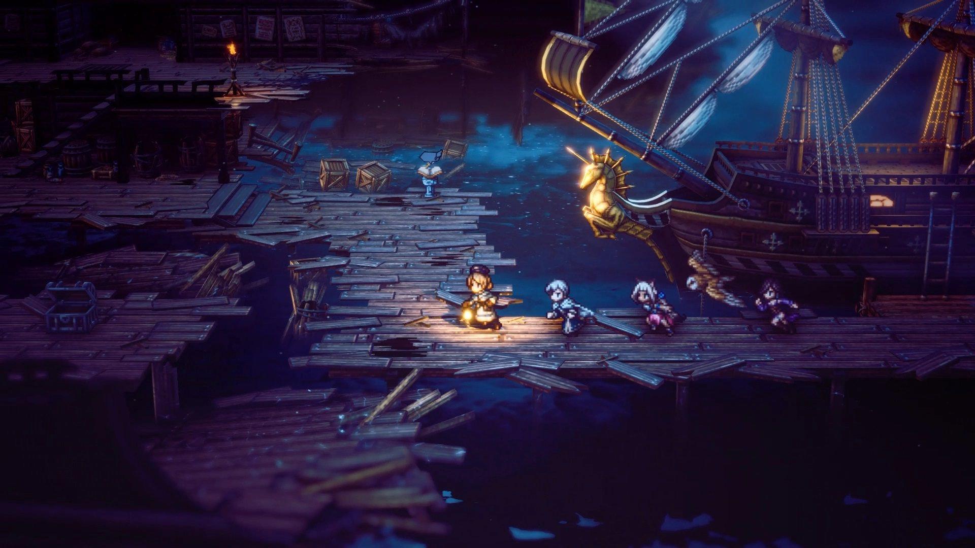 شخصیت‌های بازی Octopath Traveler 2 در حال پیاده شدن از کشتی