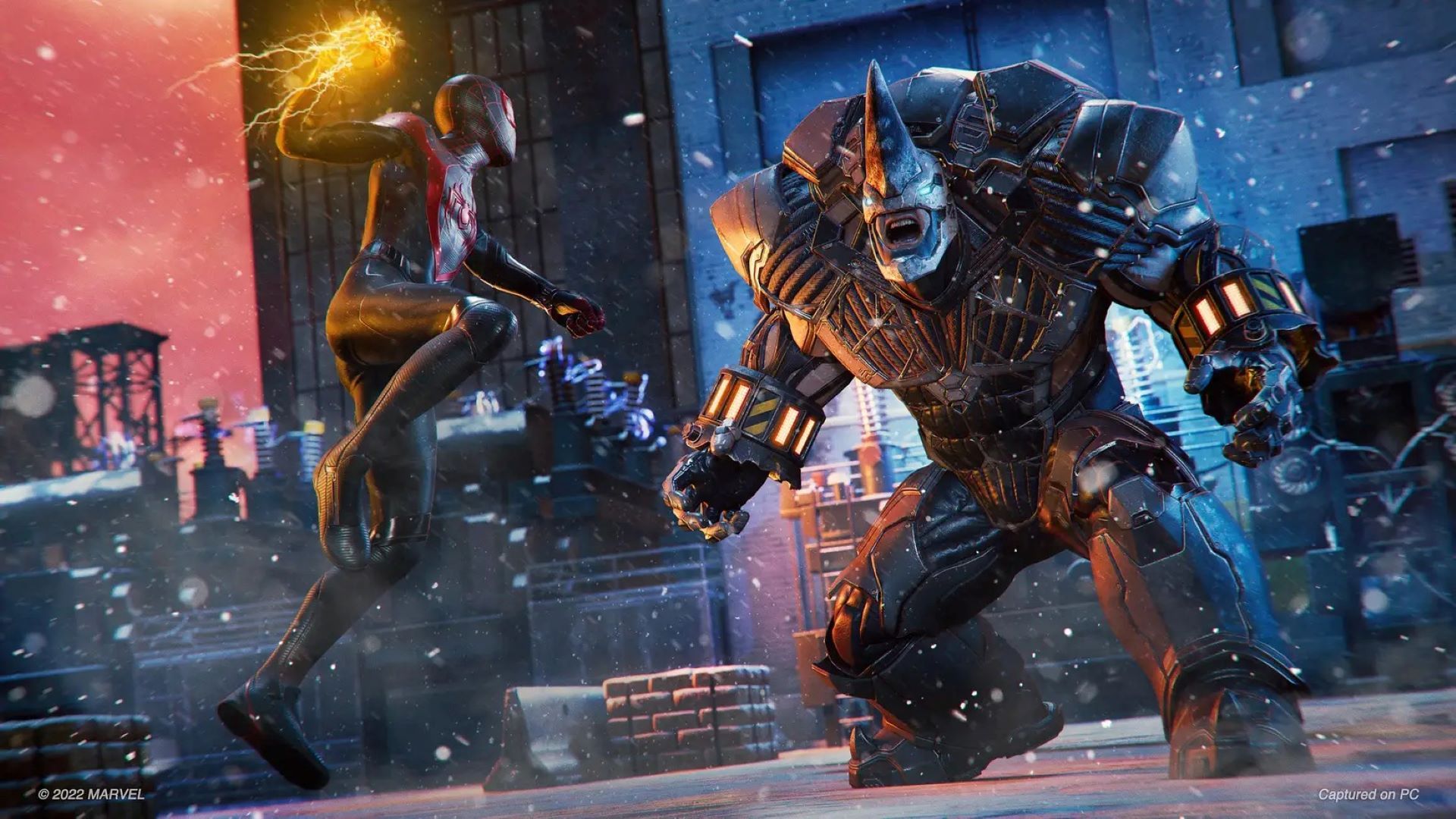 مایلز مورالز و Rhino در حال مبارزه در بازی Spider-Man: Miles Morales