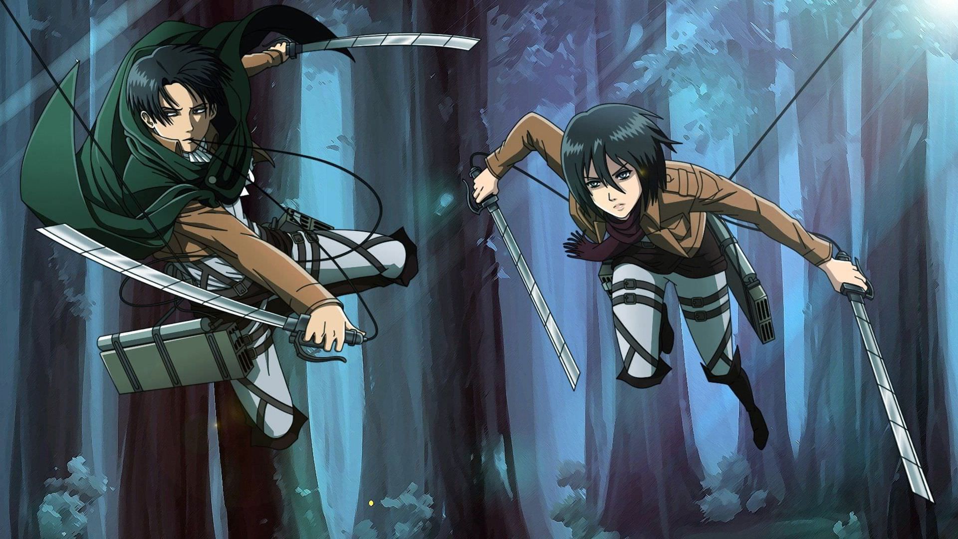 میکاسا و لیوای به‌دنبال گرفتن تایتان در جنگل در فصل دوم انیمه Attack on Titan