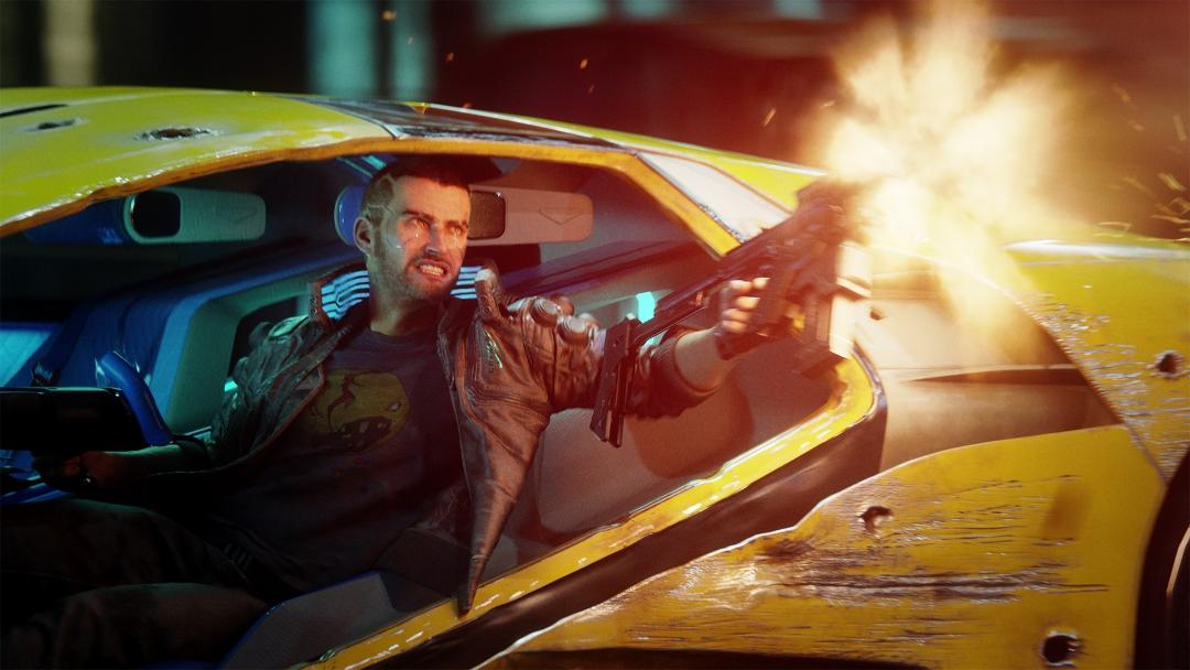 کاراکتر بازی Cyberpunk 2077 در حال شلیک از خودرو