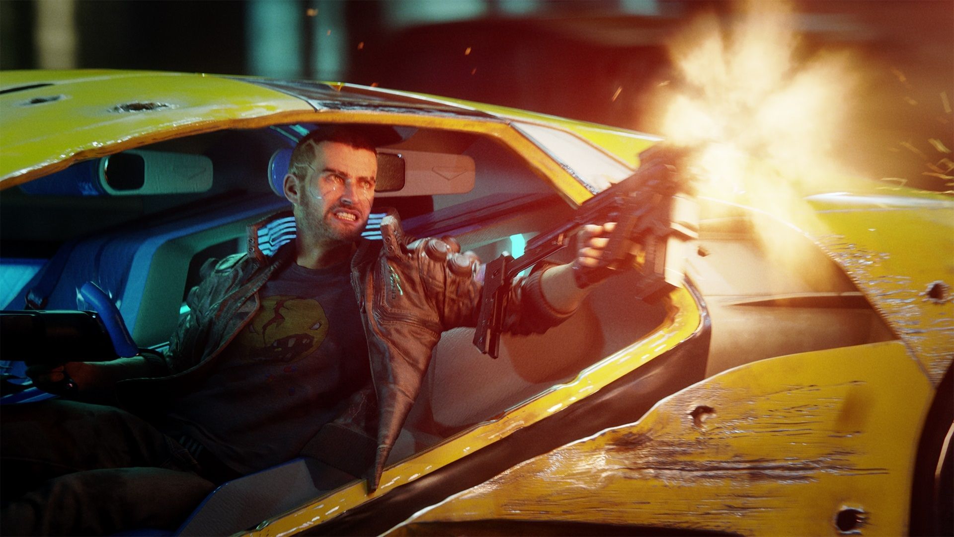 کاراکتر بازی Cyberpunk 2077 در حال شلیک از خودرو