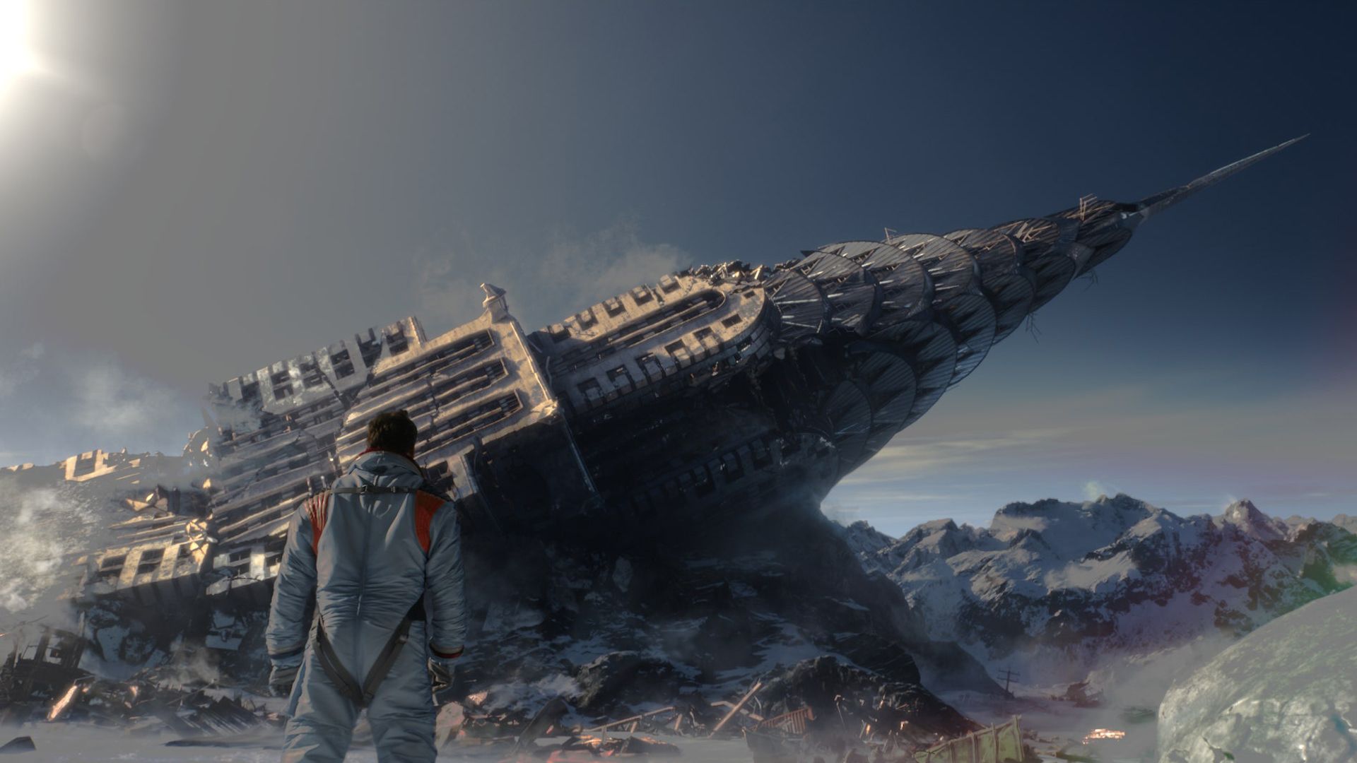 فضانورد در مقابل ساختمان سقوط کرده ایستاده است فیلم سقوط ماه