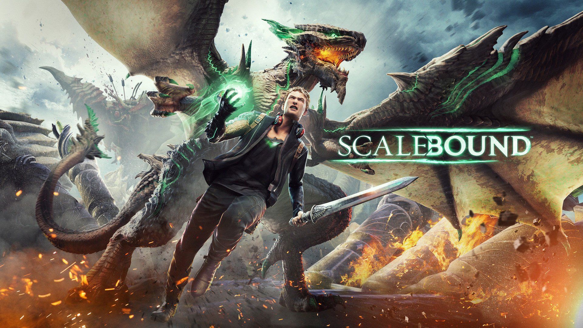 تصویری از قهرمان بازی Scalebound به‌همراه یک اژدها در پس زمینه