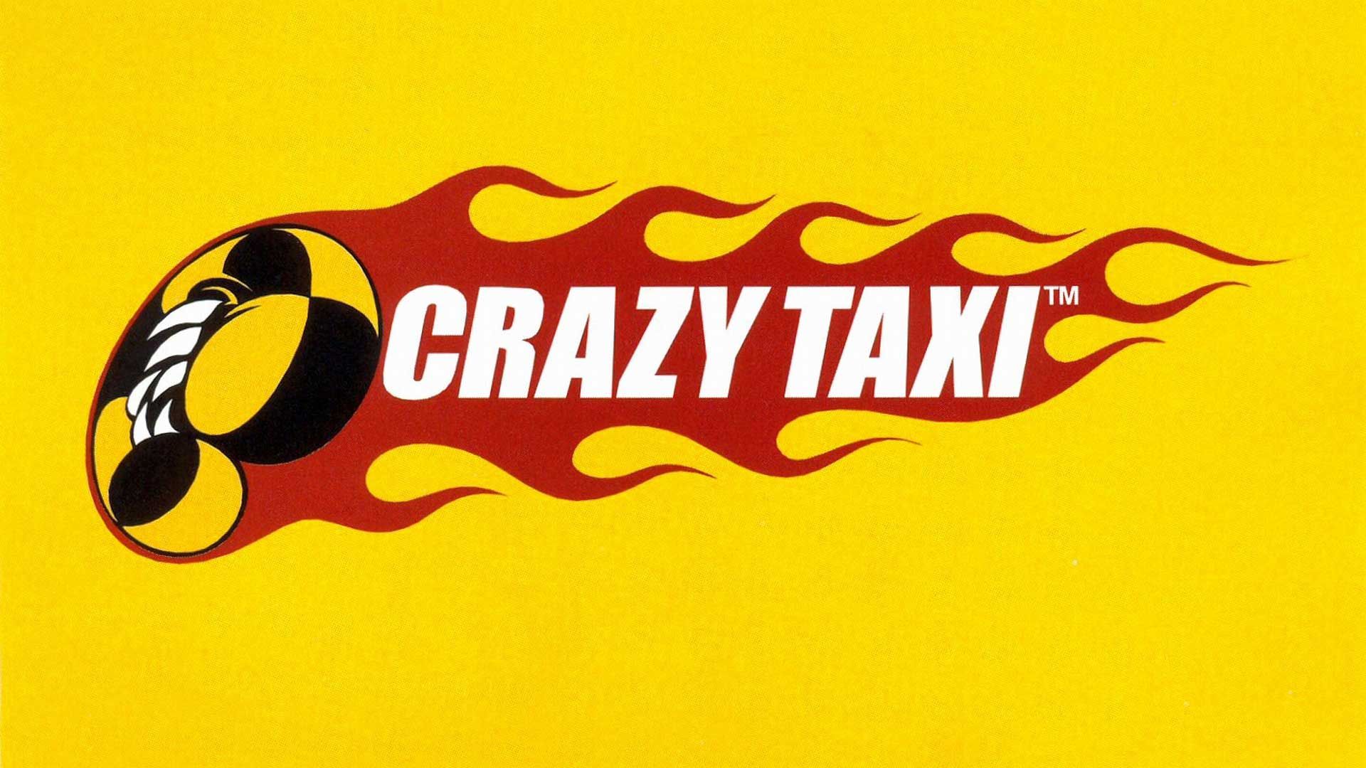 لوگو سری بازی Crazy Taxi شرکت سگا با رنگ های سفید و قرمز روی بک گراند زرد