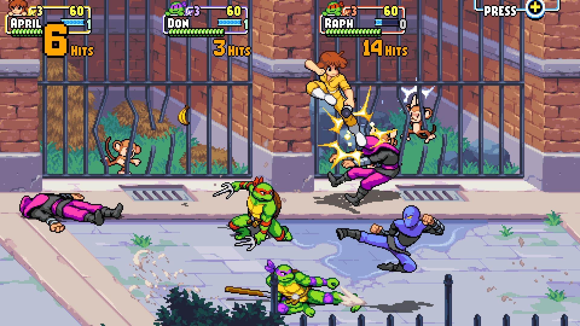 مبارزه رافائل، داناتلو و اپریل در بازی TMNT: Shredder's Revenge