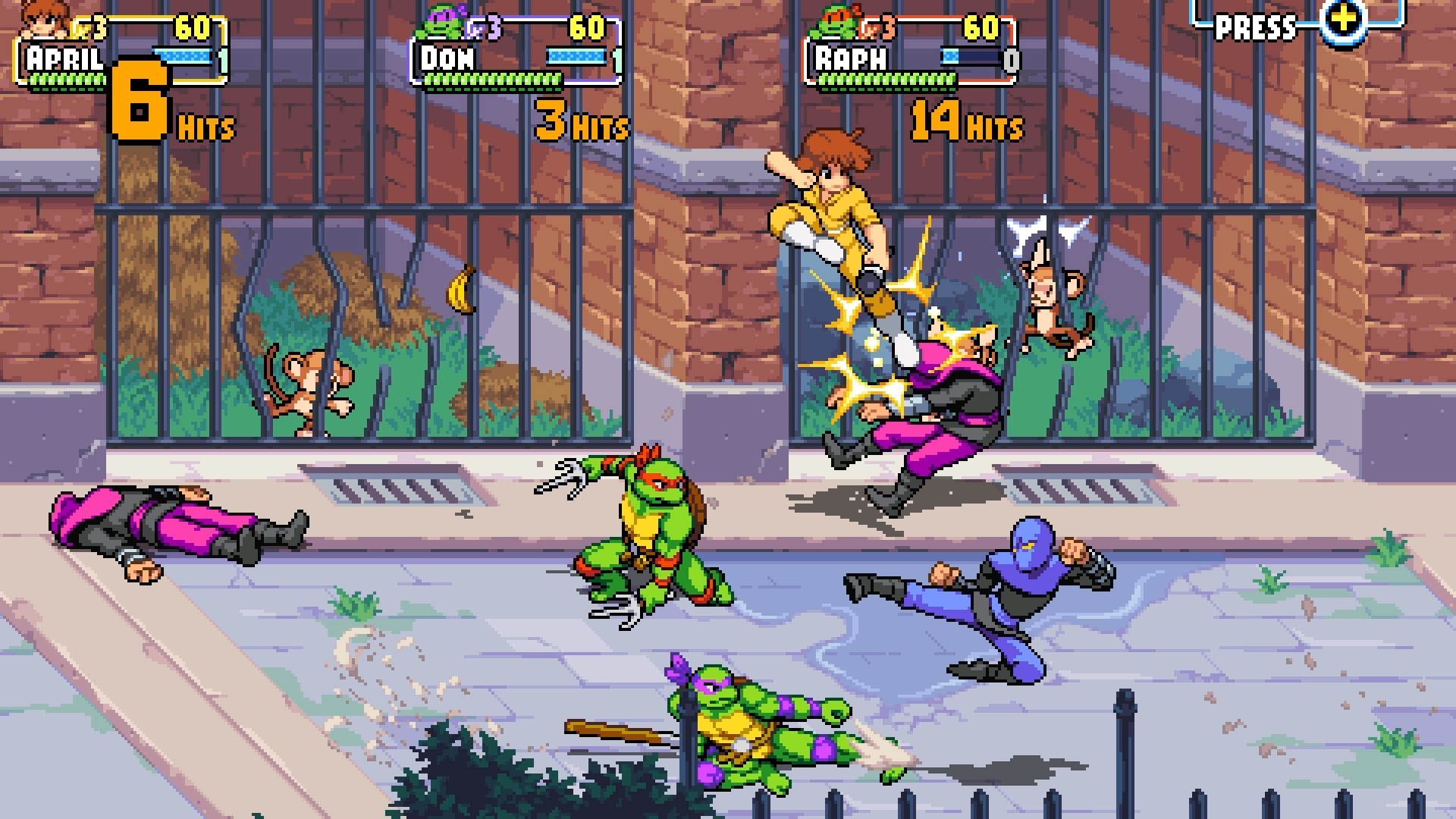 مبارزه رافائل، داناتلو و اپریل در بازی TMNT: Shredder's Revenge