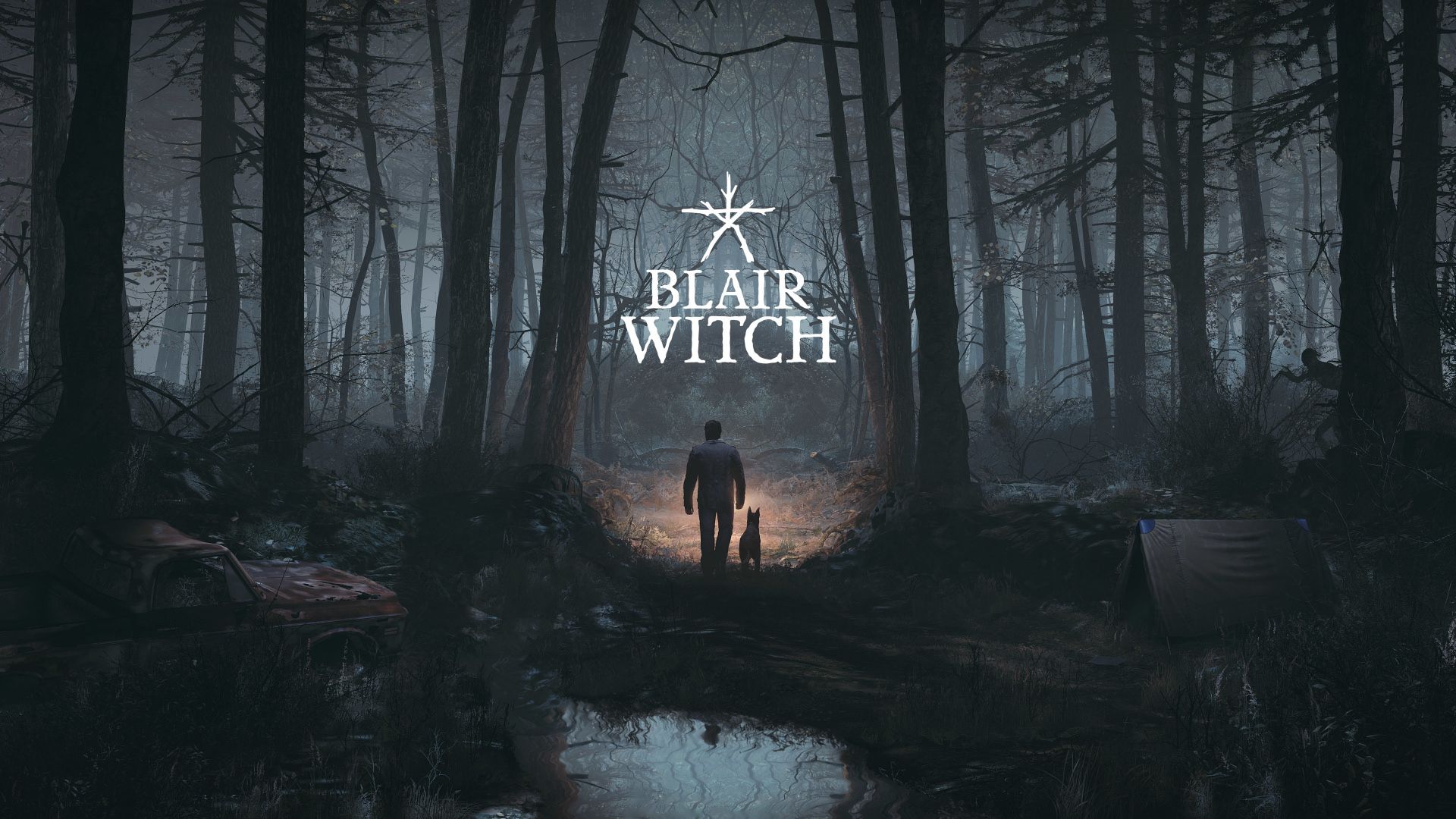 شخصیت بازی Blair Witch به همراه سگش در جنگل تاریک
