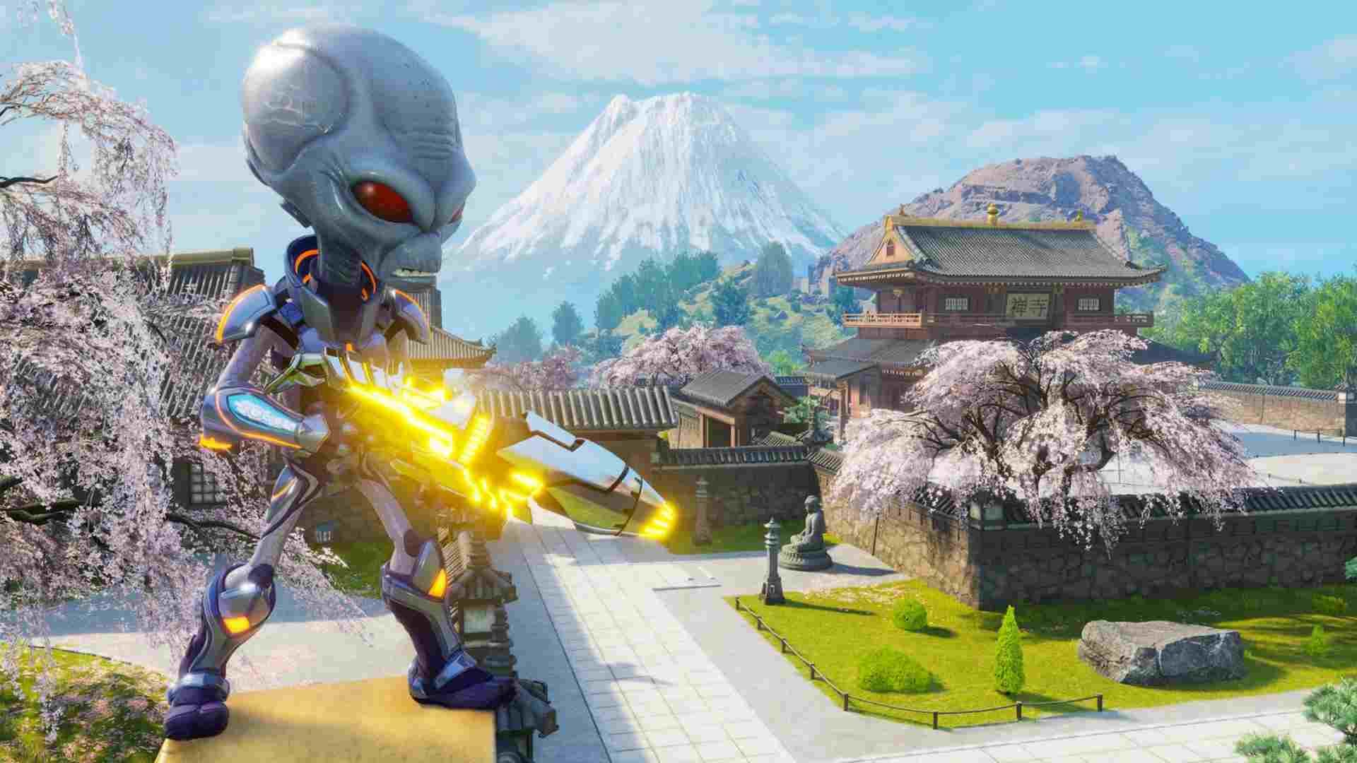 شخصیت اصلی بازی Destroy All Humans 2 در یک منطقه‌ی کوهستانی