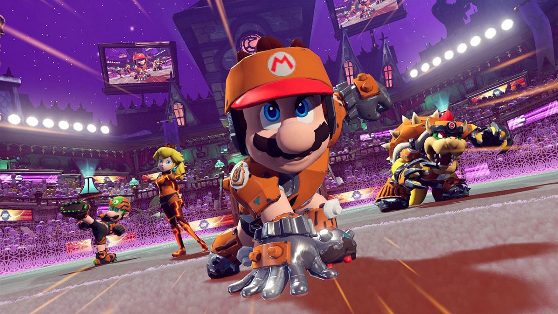 ماریو و سایر کاراکترهای نینتندو در حال رقابت در بازی Mario Strikers Battle League 