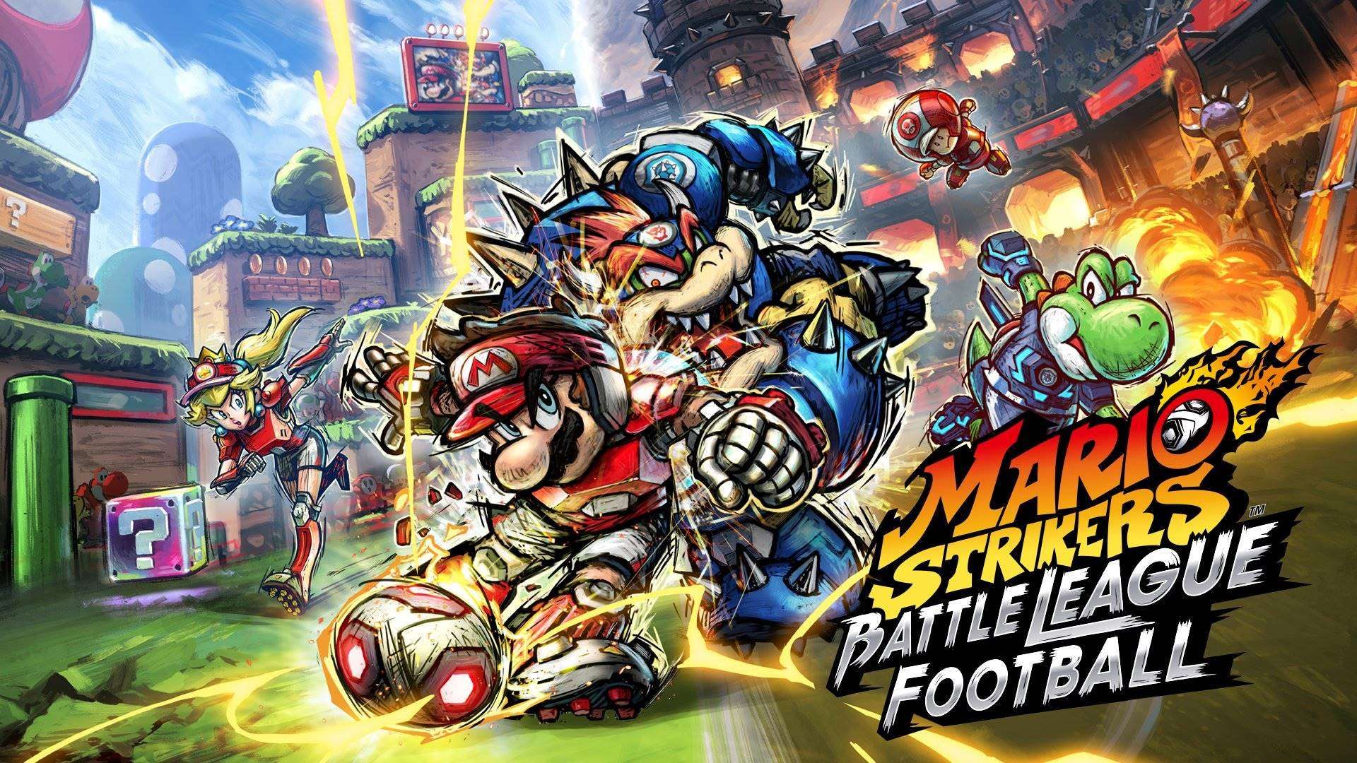 ماریو و باوزر روی کاور بازی فوتبالی Mario Strikers: Battle League