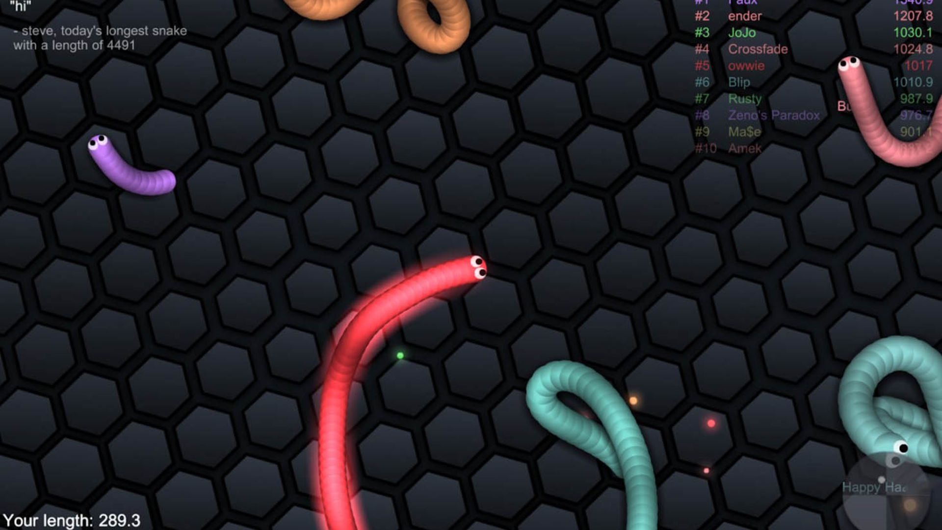 کرم‌ها در بازی موبایل Slither.io