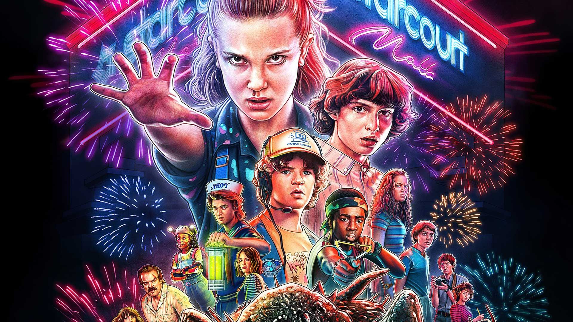تصویر هنری رسمی فصل سوم سریال Stranger Things (چیزهای عجیب‌تر) شبکه نتفلیکس با حضور ایلون، مایک، داستین، استیو و شخصیت های دیگر این سریال شبکه آنلاین نتفلیکس