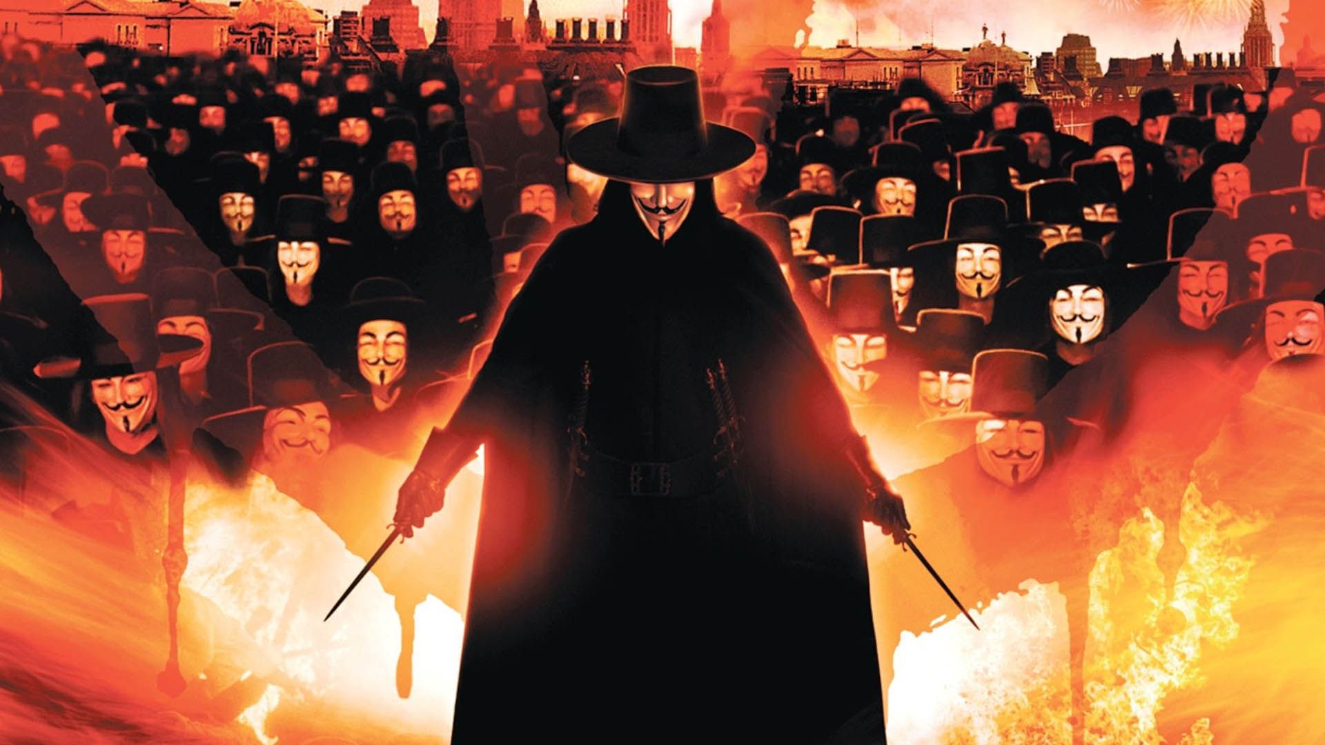 پوستر سینمایی فیلم v for vendetta با حضور شخصیت وی و تعدادی از دنبال‌کنندگان او
