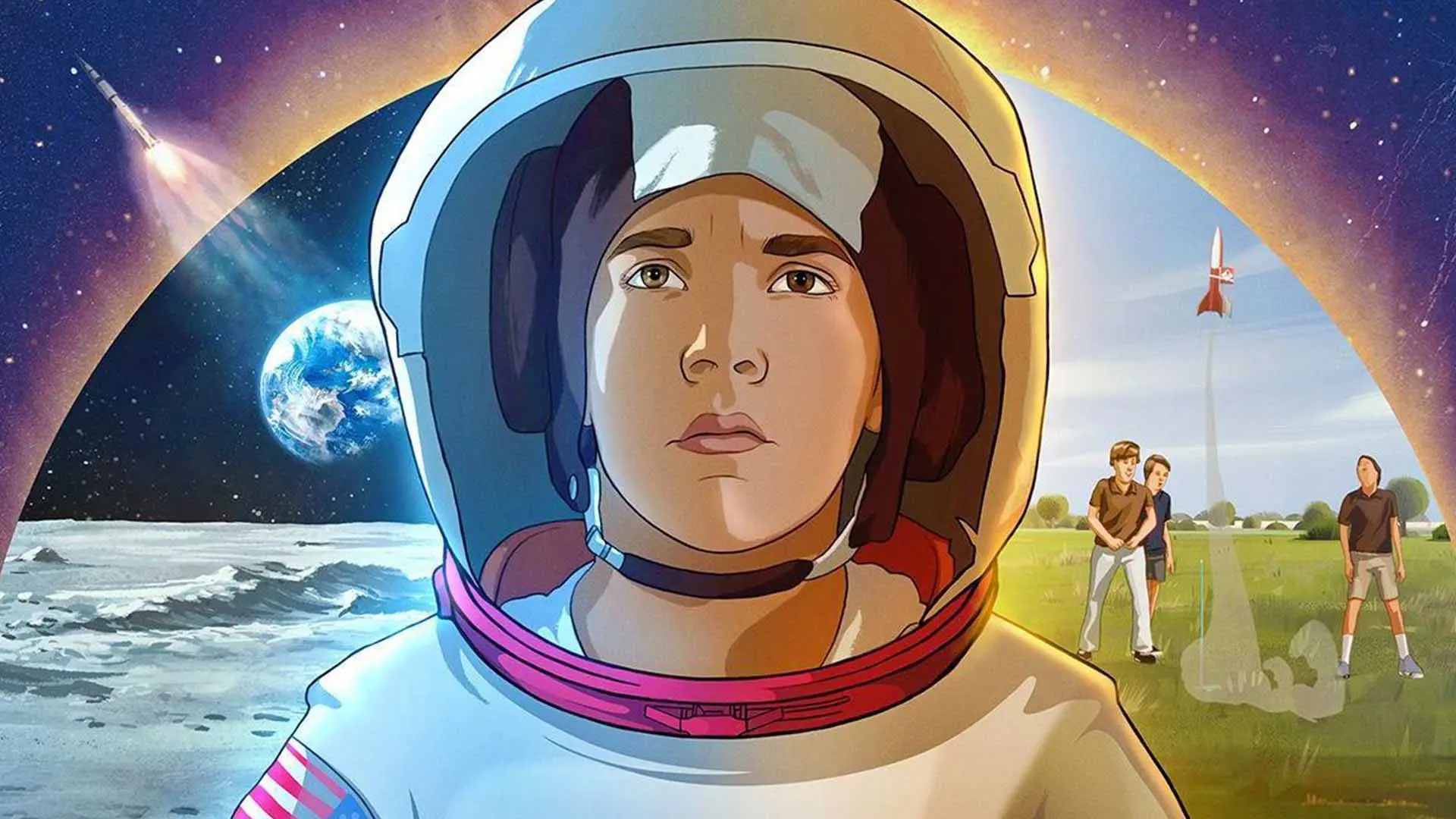 پسربچه‌ای با لباس فضانوردی در حال فکر کردن به فضا و دوستانش روی زمین در فیلم Apollo 10½: A Space Age Childhood