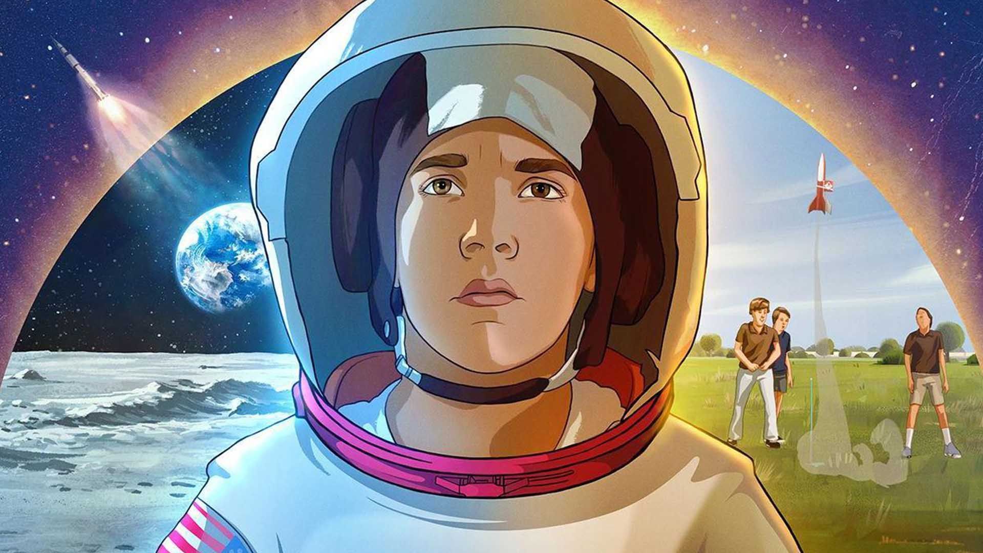 پسربچه‌ای با لباس فضانوردی در حال فکر کردن به فضا و دوستانش روی زمین در فیلم Apollo 10½: A Space Age Childhood