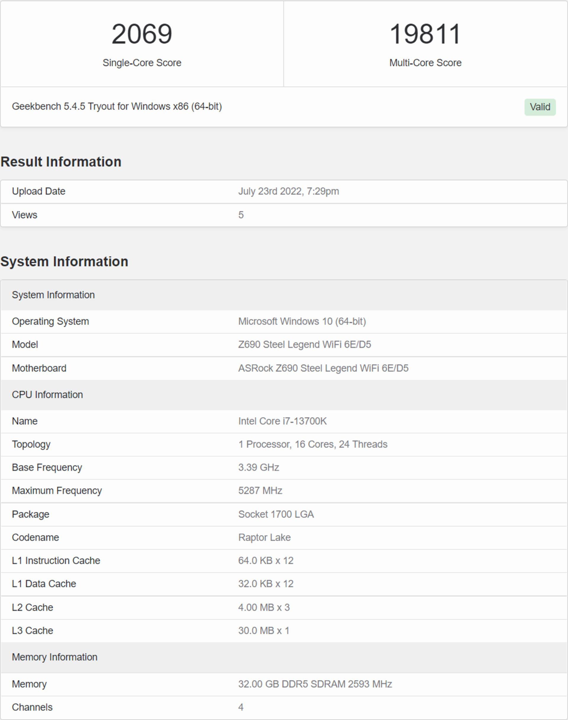 نتایج عملکرد پردازنده Intel Core i7-13700K با یک حافظه رم DDR5