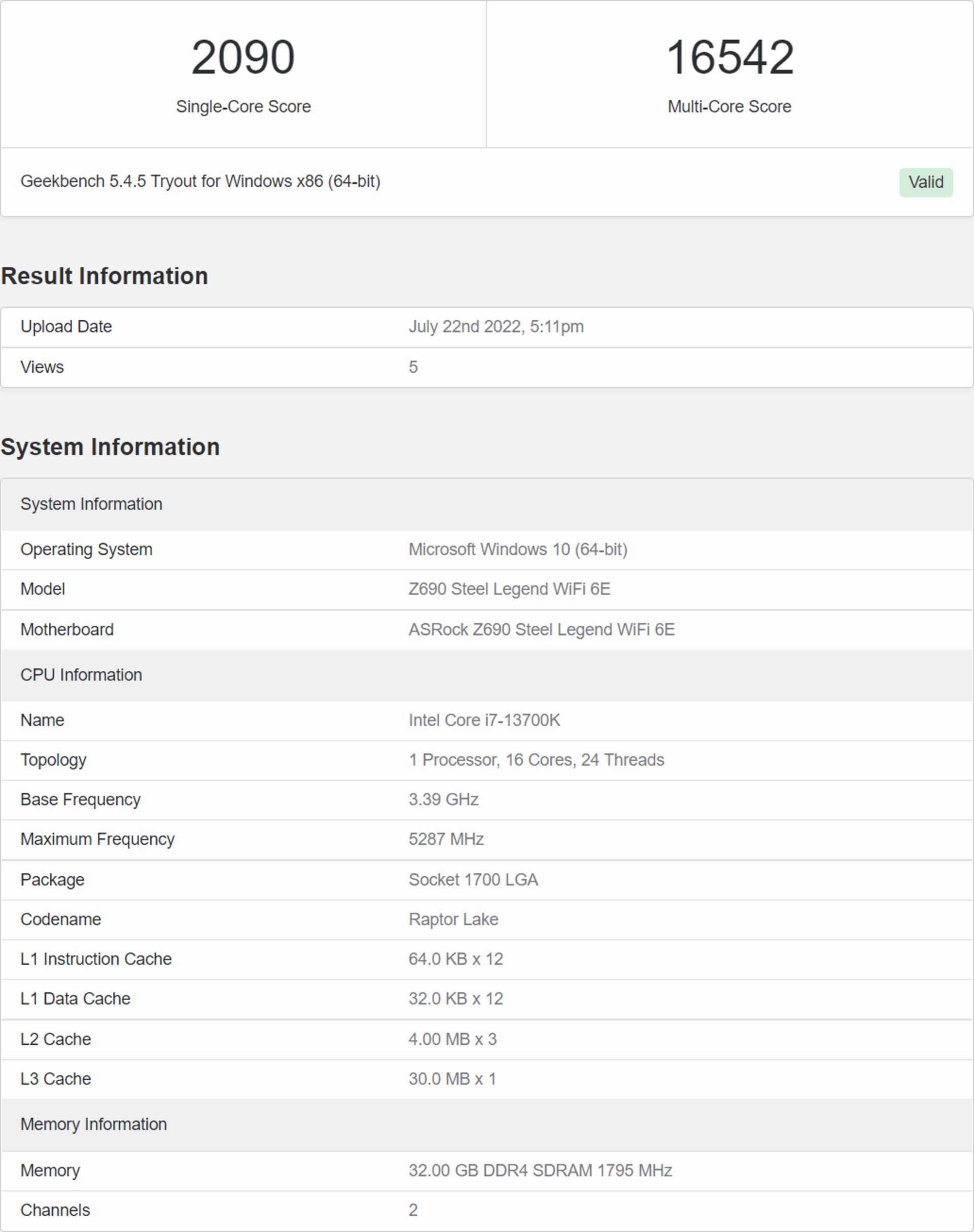نتایج عملکرد پردازنده Intel Core i7-13700K با یک حافظه رم DDR4