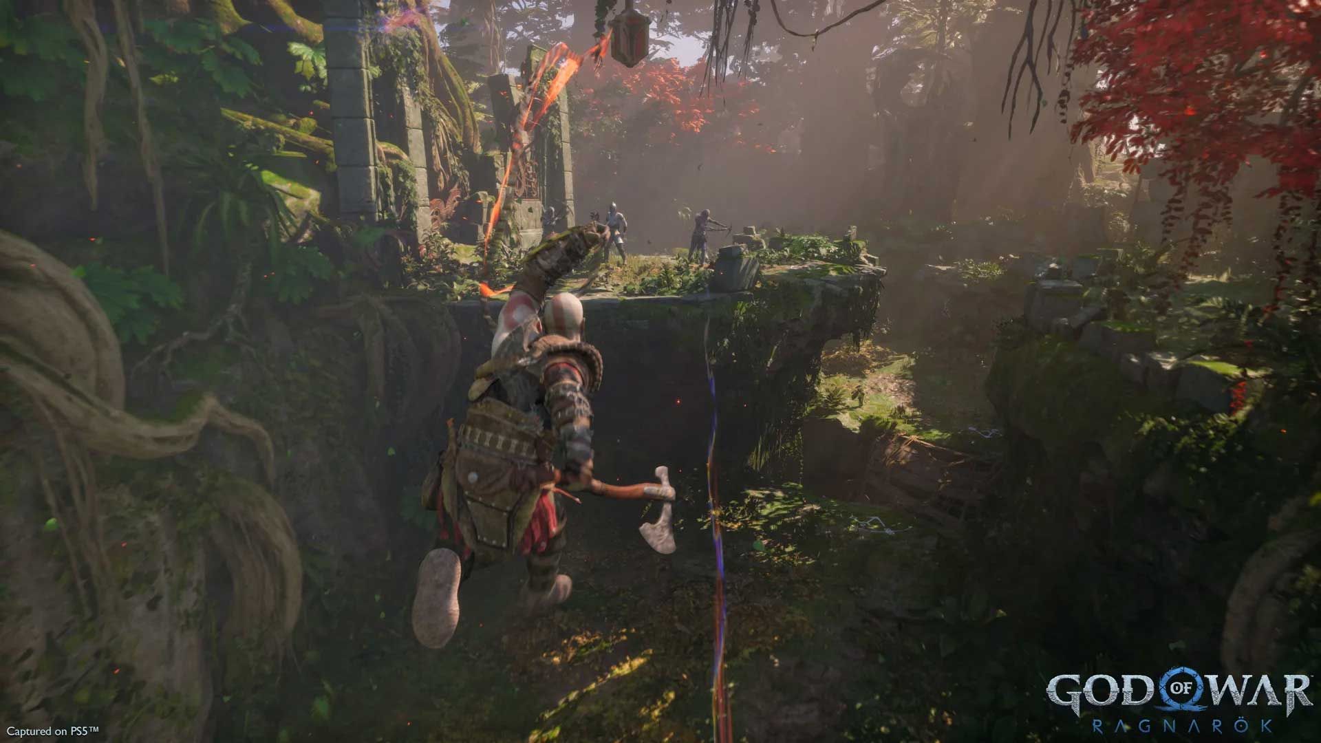 پریدن کریتوس به سمت پلتفرم بعدی در بازی God of War Ragnarok (خدای جنگ رگناروک)