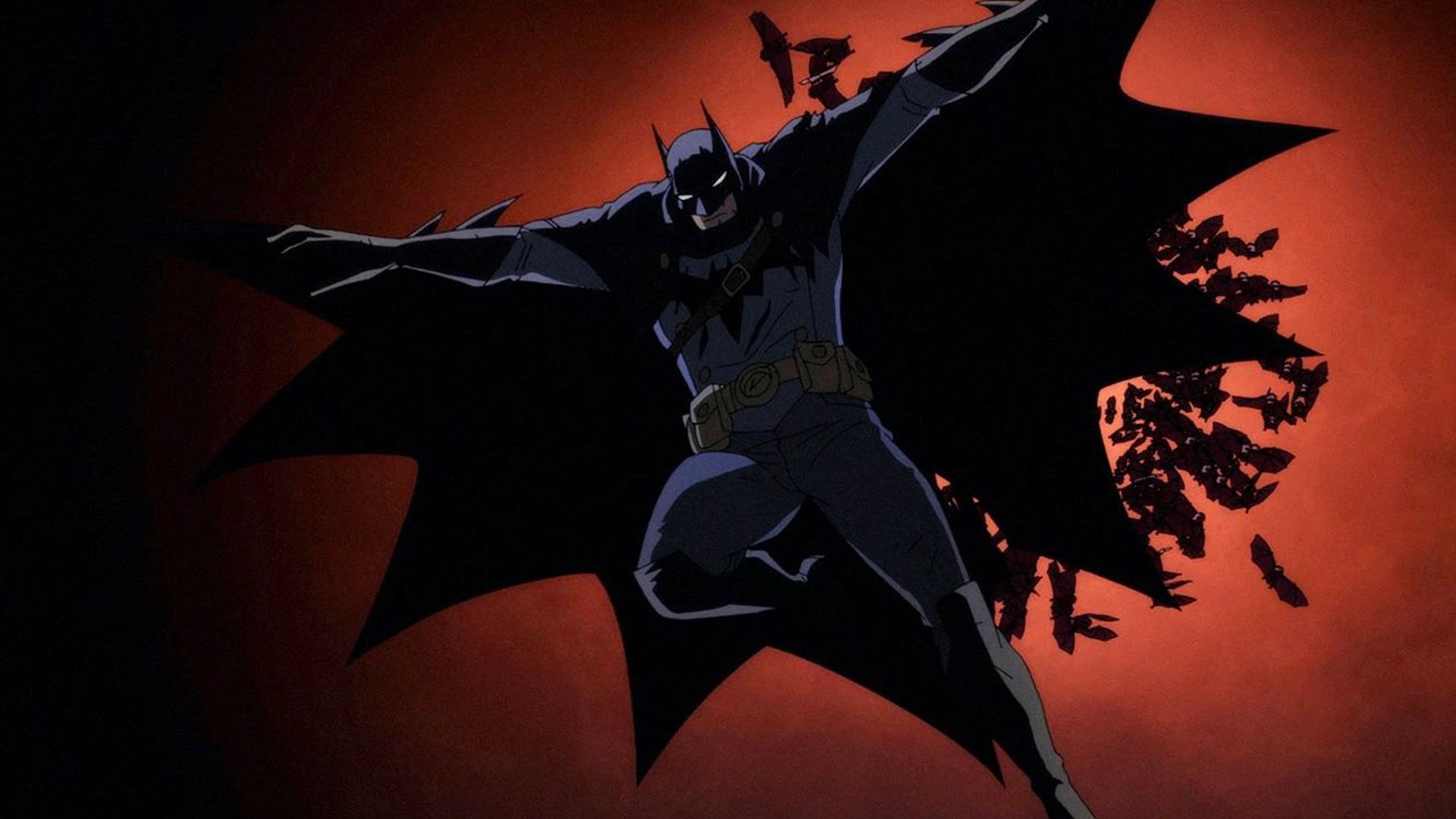 بتمن بر فراز گاتهام به‌همراه خفاش ها در انیمیشن Batman: The Doom That Came to Gotham 