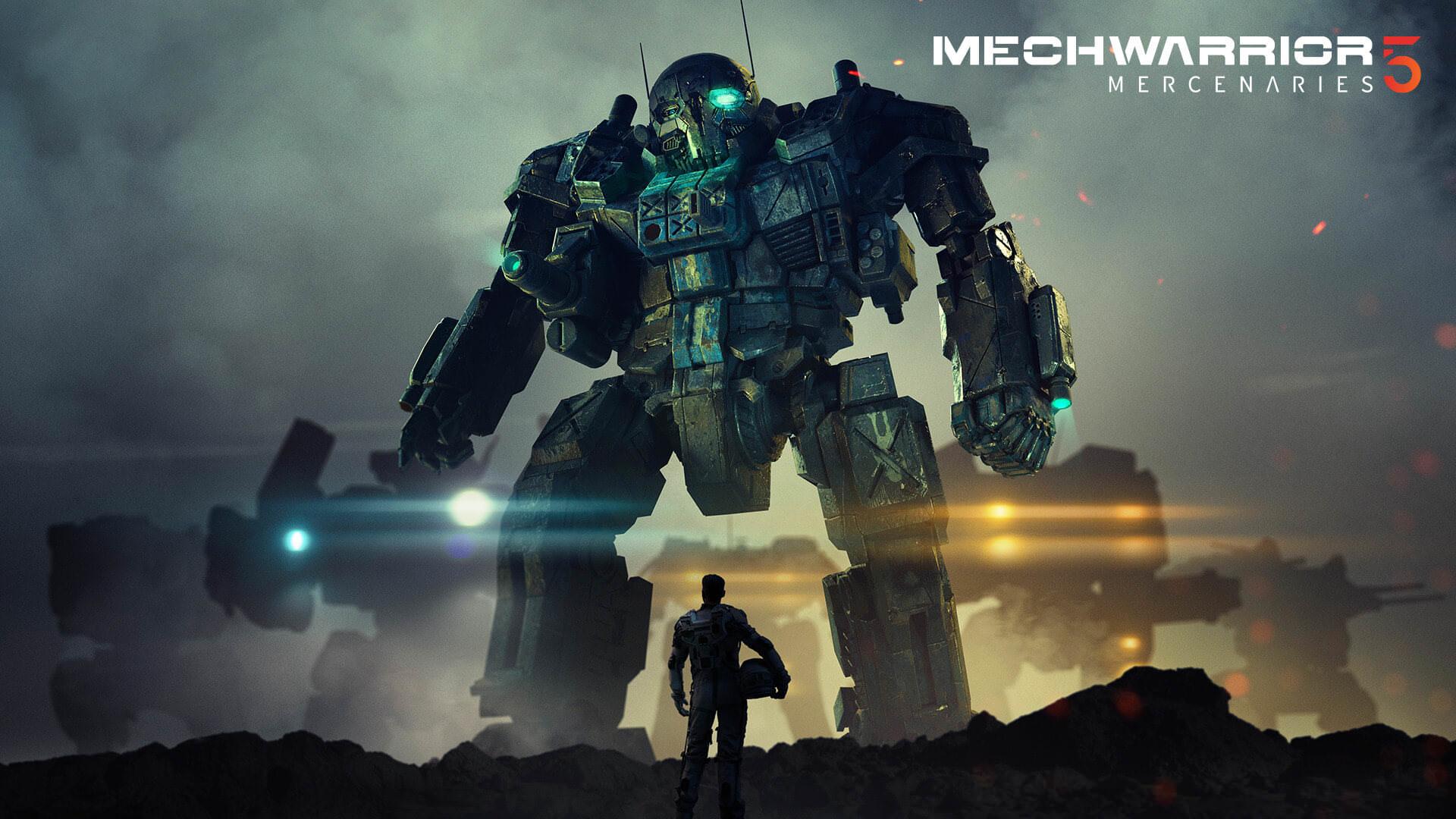 انسان ایستاده در مقابل یک ربات غول پیکر در بازی MechWarrior 5