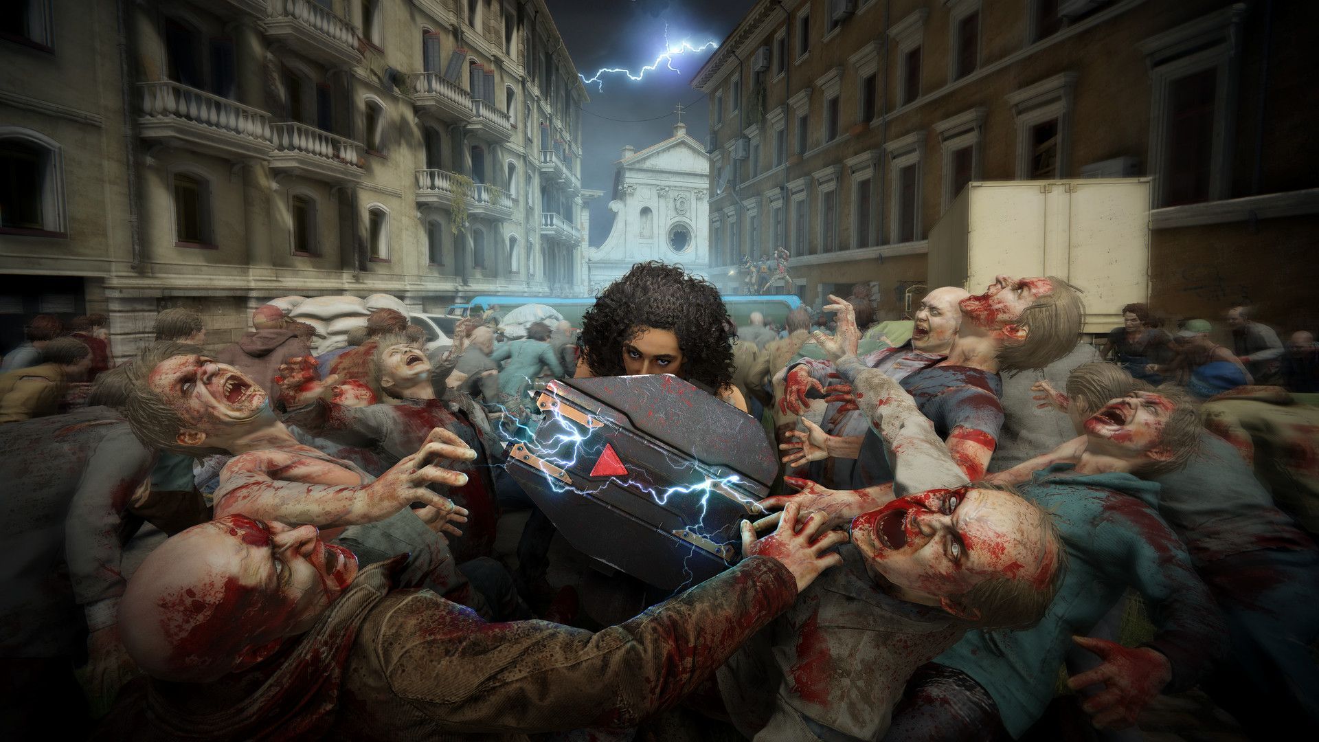 یکی از شخصیت‌های بازی World War Z: Aftermath  در میان صدها زامبی