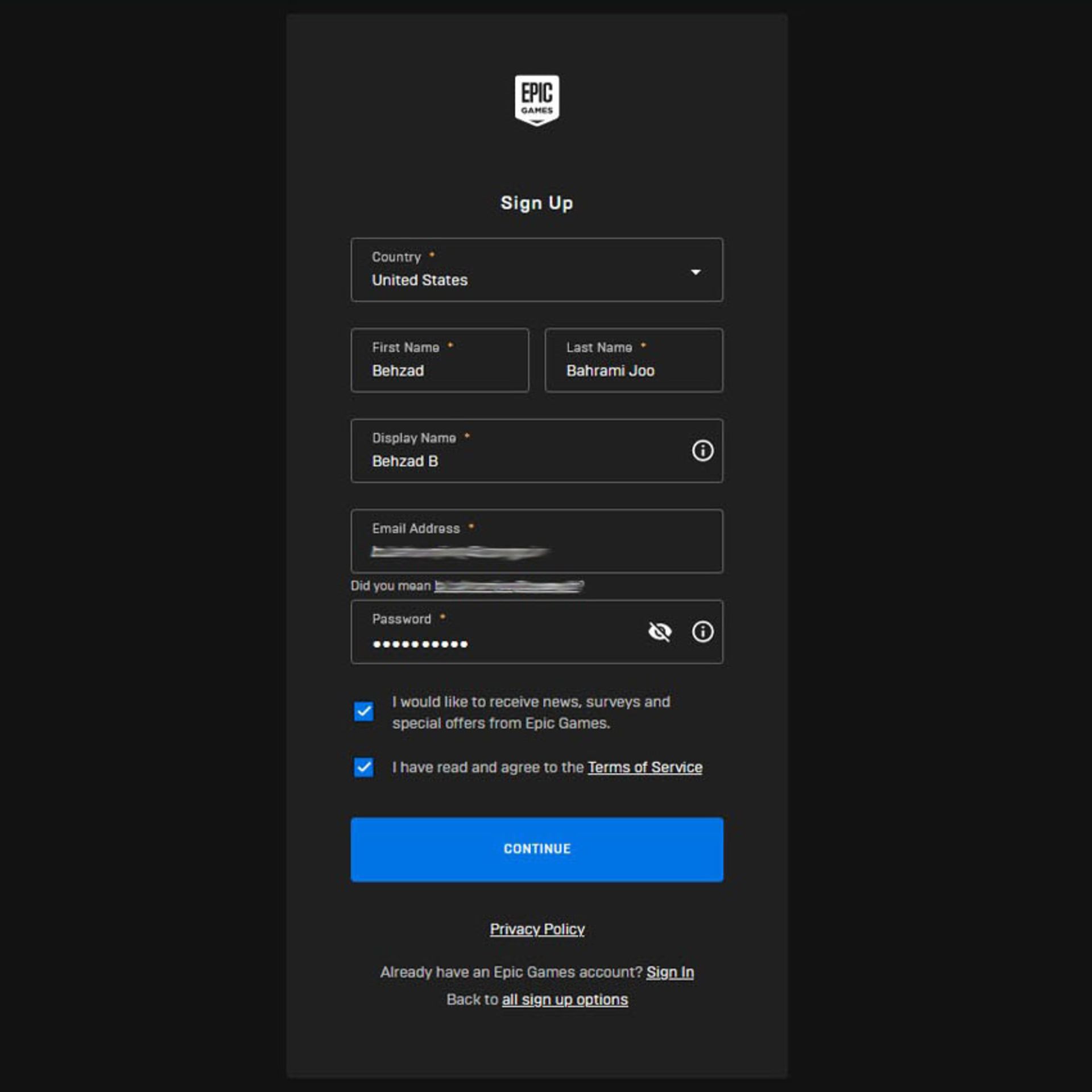 اطلاعات مورد نیاز جهت ساخت حساب کاربری اپیک گیمز