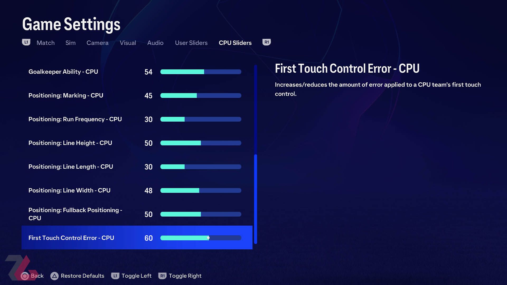 تغییر در اسلایدرها در تنظیمات بازی FC24