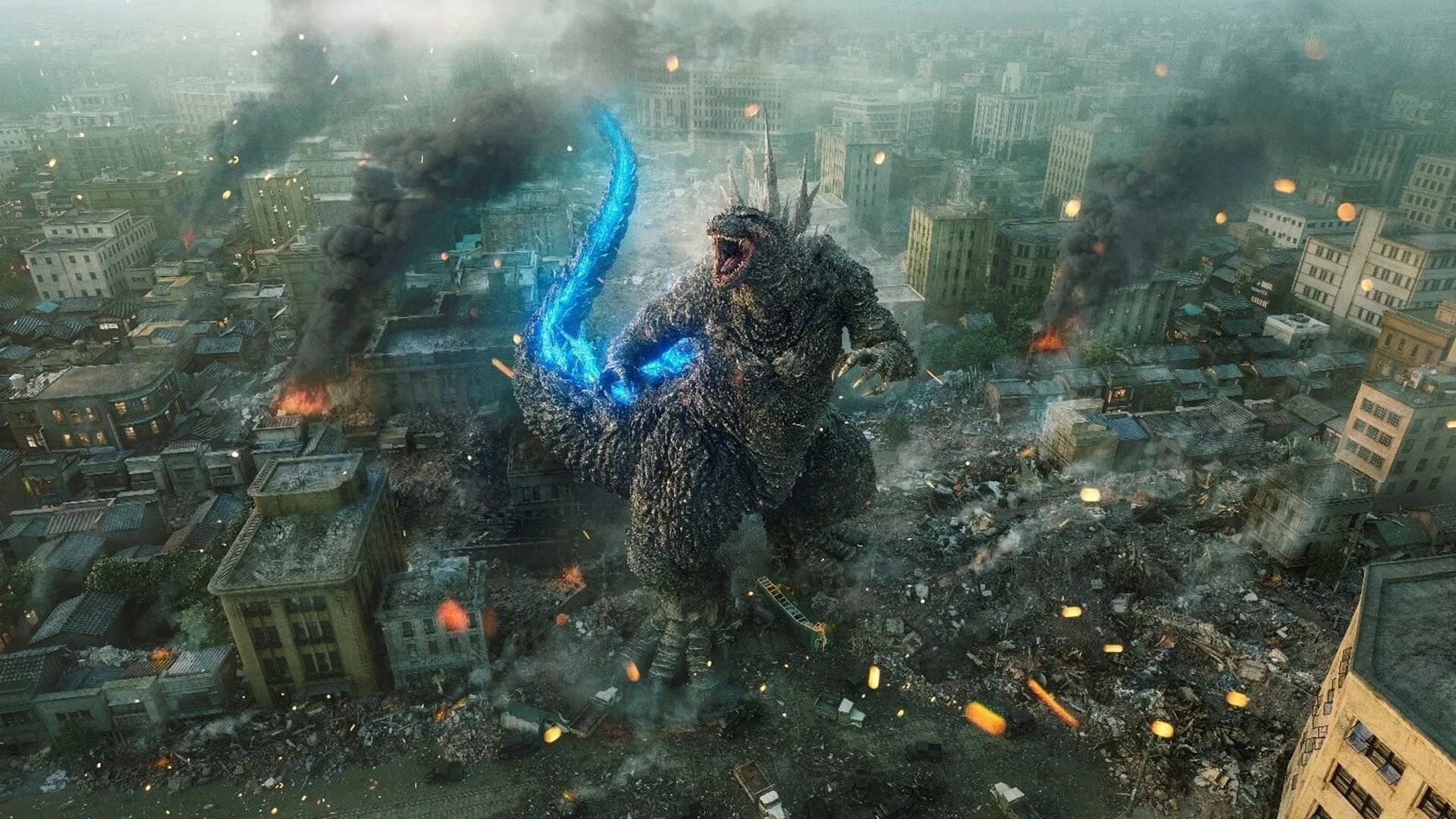 گودزیلا در حال حمله به شهری در ژاپن در فیلم Godzilla Minus One 