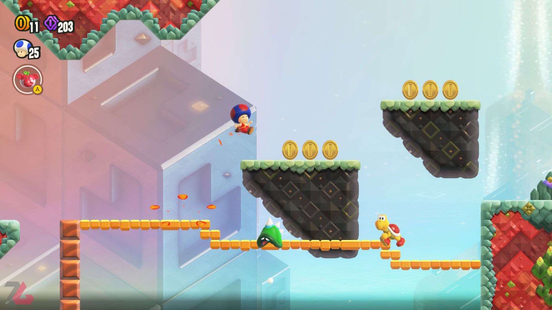 تاد و پاورآپ گل آتشین در Super Mario Bros Wonder