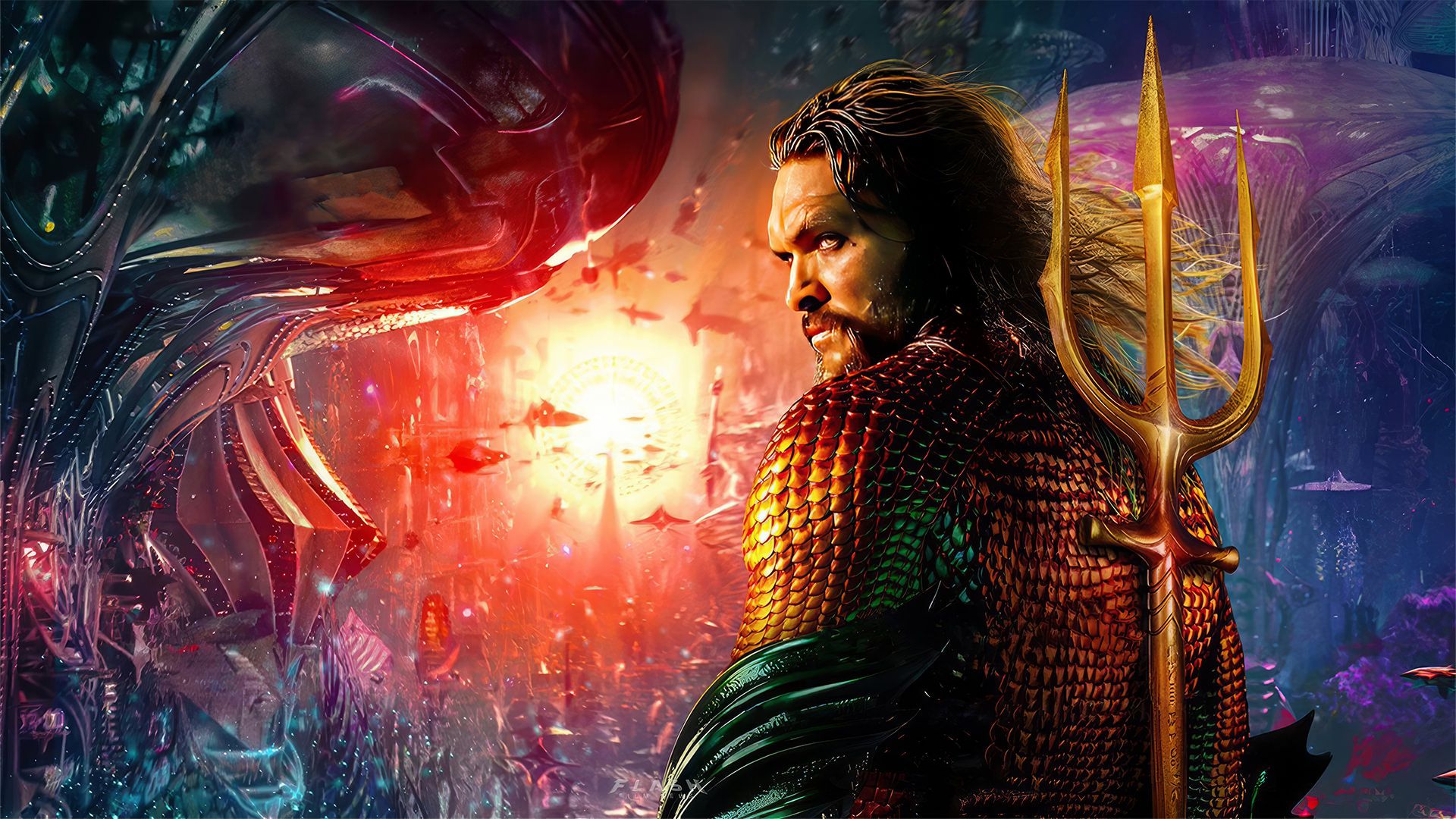 آکوامن با نقش‌آفرینی جیسون موموآ در فیلم Aquaman and the Lost Kingdom 