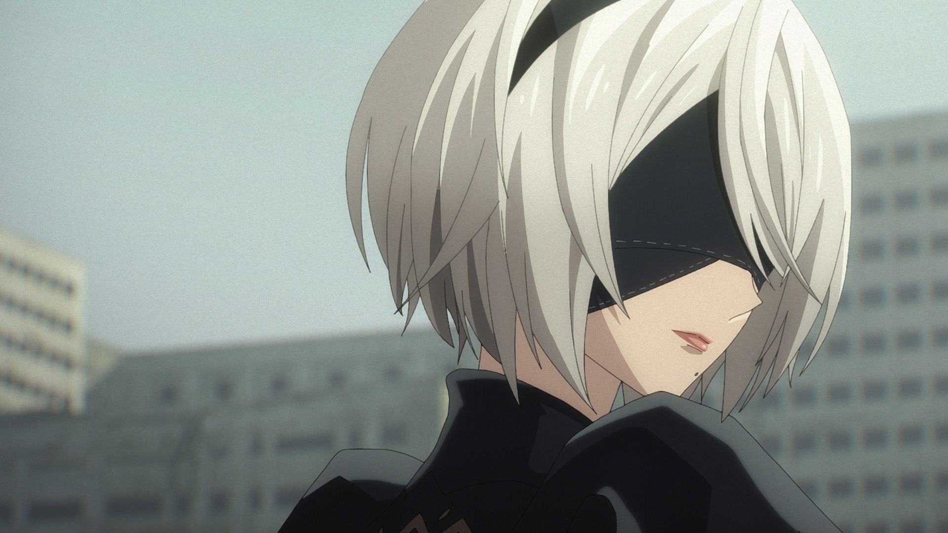 2B در حال لبخند زدن در انیمه Nier: Automata Ver1.1a