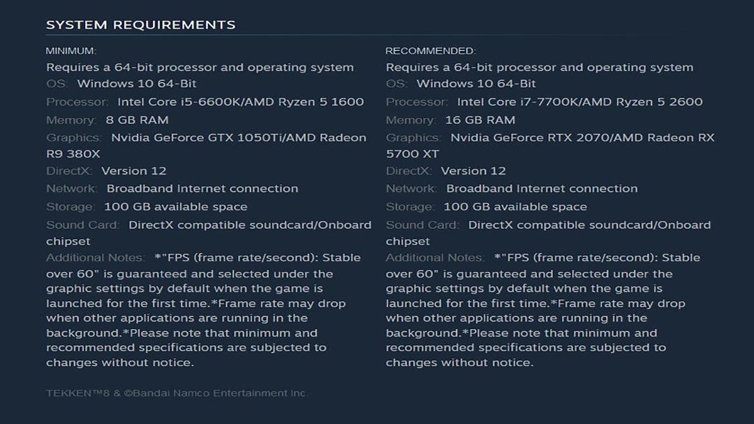 مشخصات سخت افزاری بازی Tekken 8