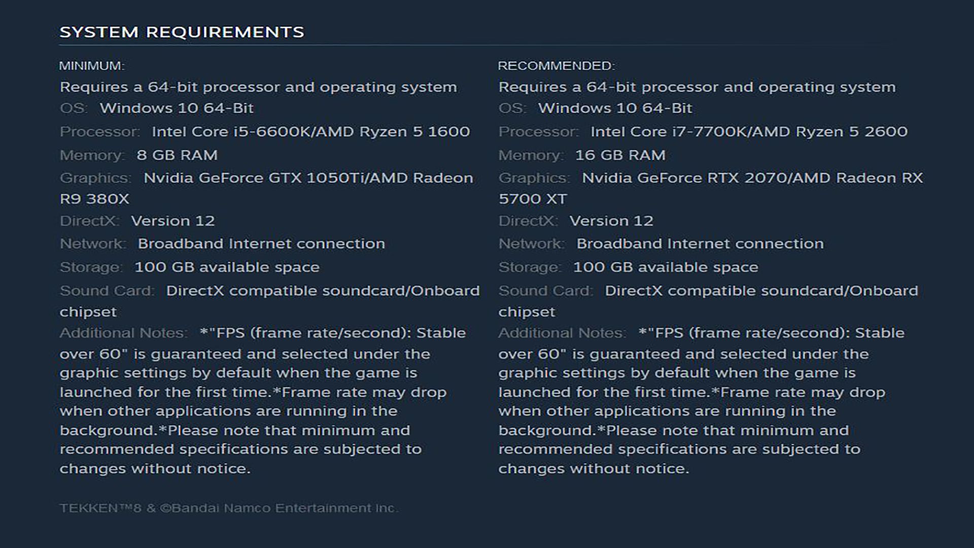 مشخصات سخت افزاری بازی Tekken 8