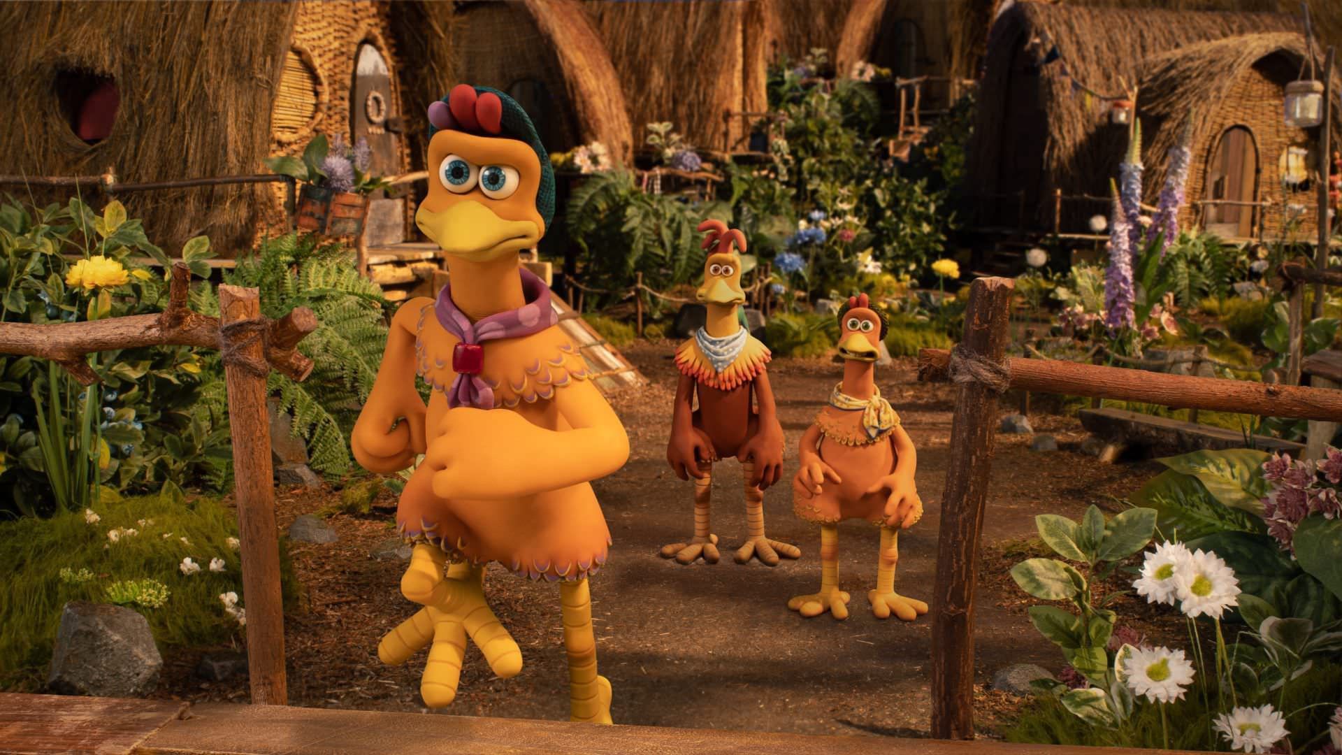 مالی در حال فرار از دست جینجر و راکی در انیمیشن Chicken Run: Dawn of the Nugget