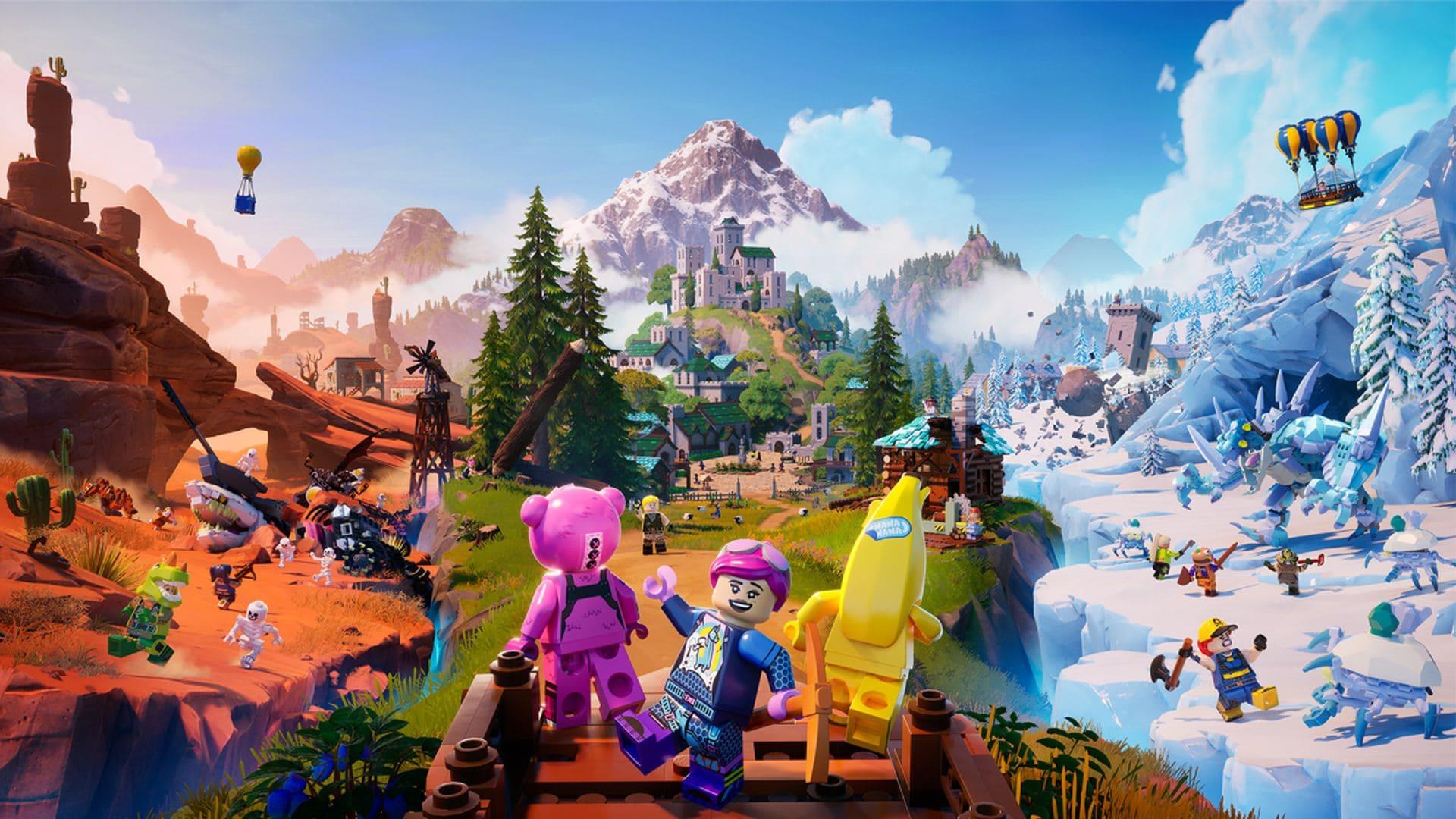 پوستر بازی LEGO Fortnite با حضور شخصیت‌ها و مناطق مختلف آن