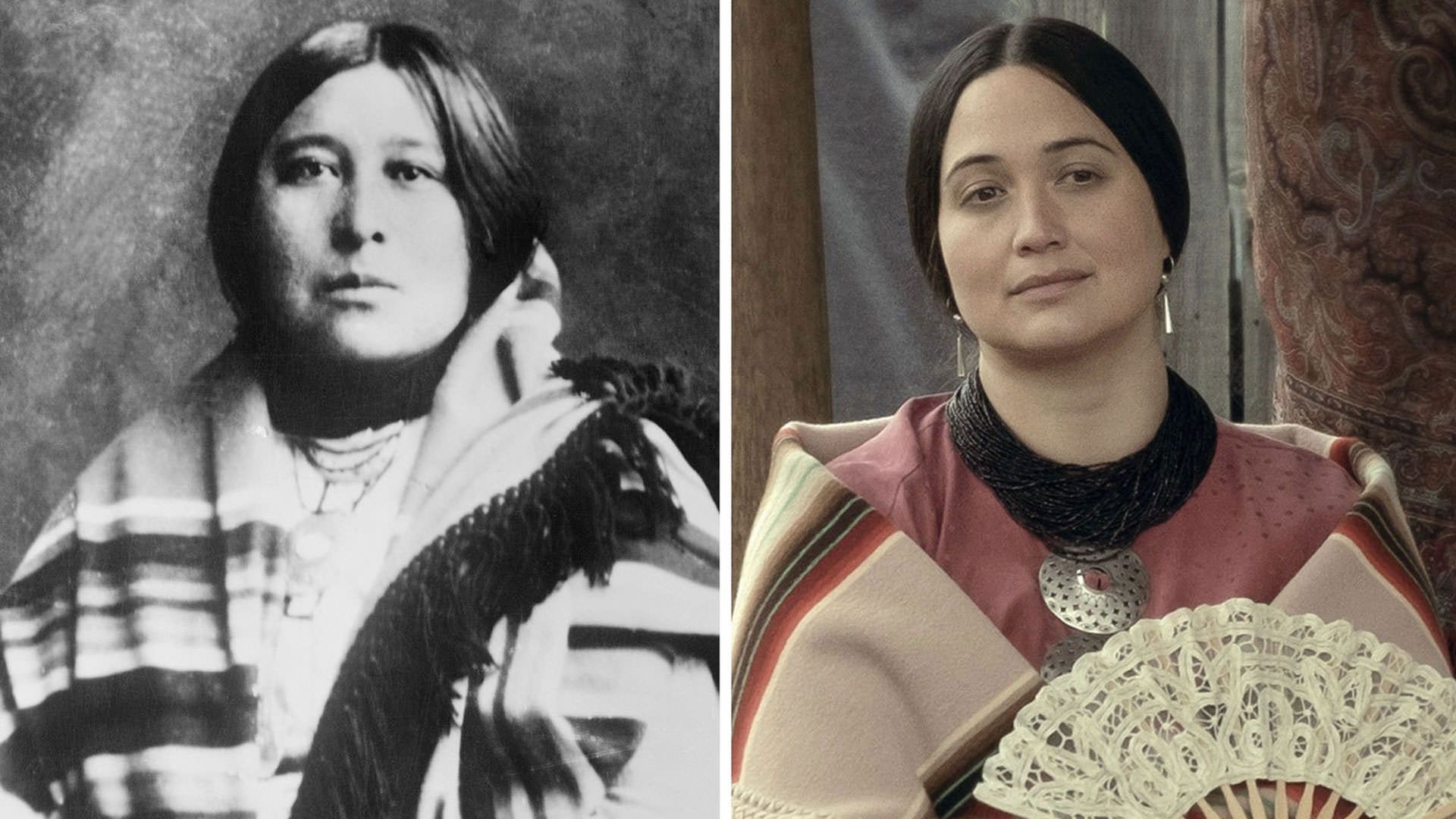عکسی از مالی برکهارت واقعی در کنار عکسی از لیلی گلدستون در فیلم قاتلان ماه گل به کارگردانی مارتین اسکورسیزی