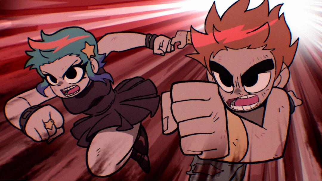 اسکات و رامونا مبارزه می‌کنند  انیمه Scott Pilgrim Takes Off