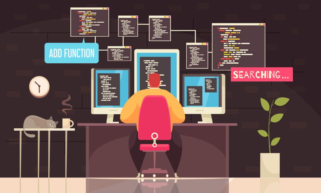 یک وکتور از برنامه نویسی در کنار مانیتور و گربه و قهوه