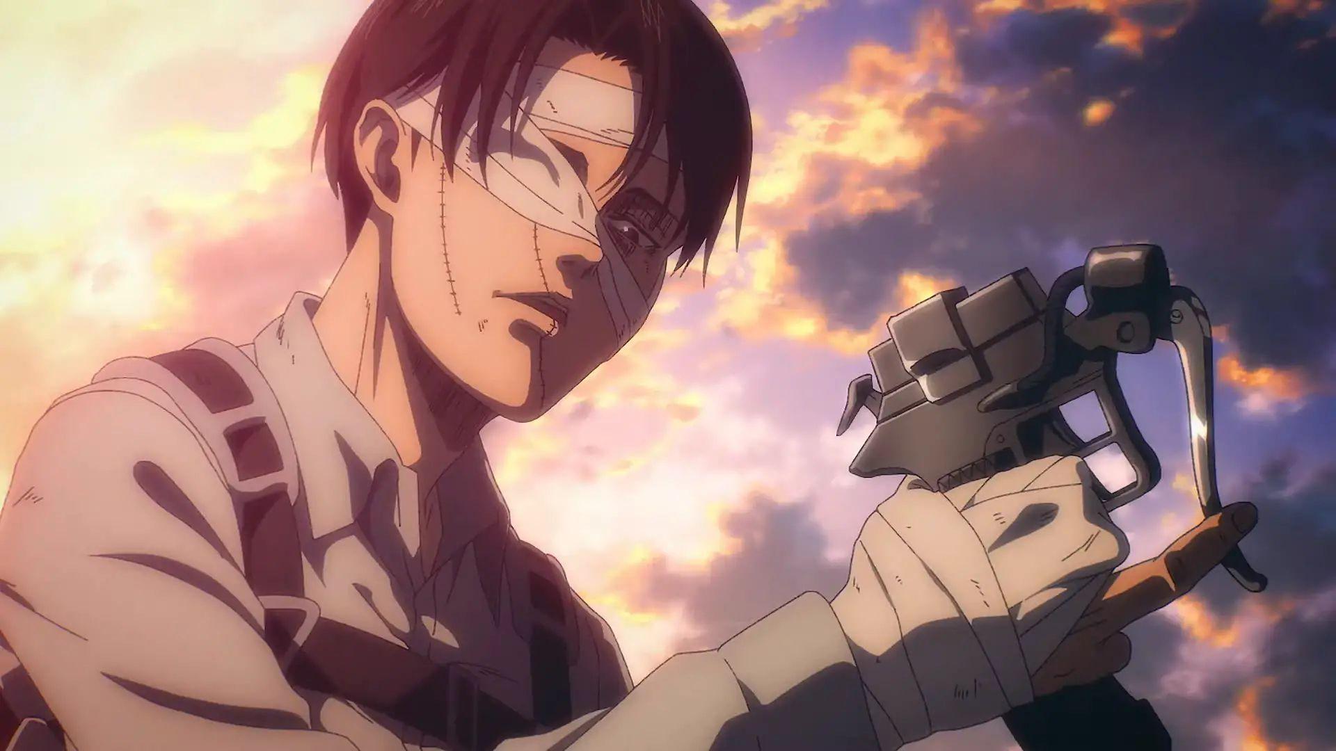 لیوای آکرمن مصدوم ناتوان در دست گرفتن لوازمش در نیمه اول بخش سوم فصل پایانی انیمه Attack on Titan