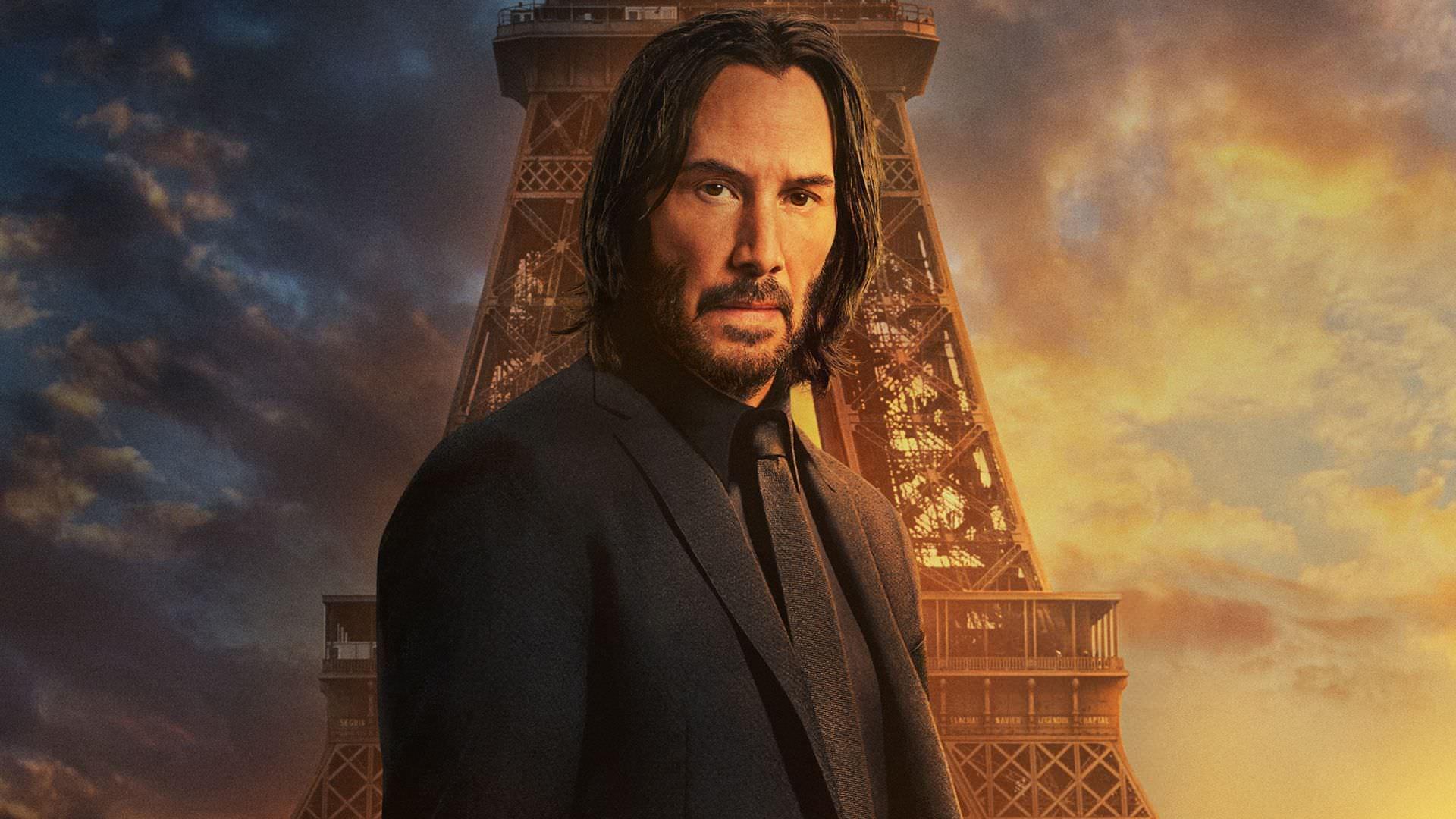 جان ویک با بازی کیانو ریوز در برابر برج ایفل در والپیپر فیلم John Wick: Chapter 4 