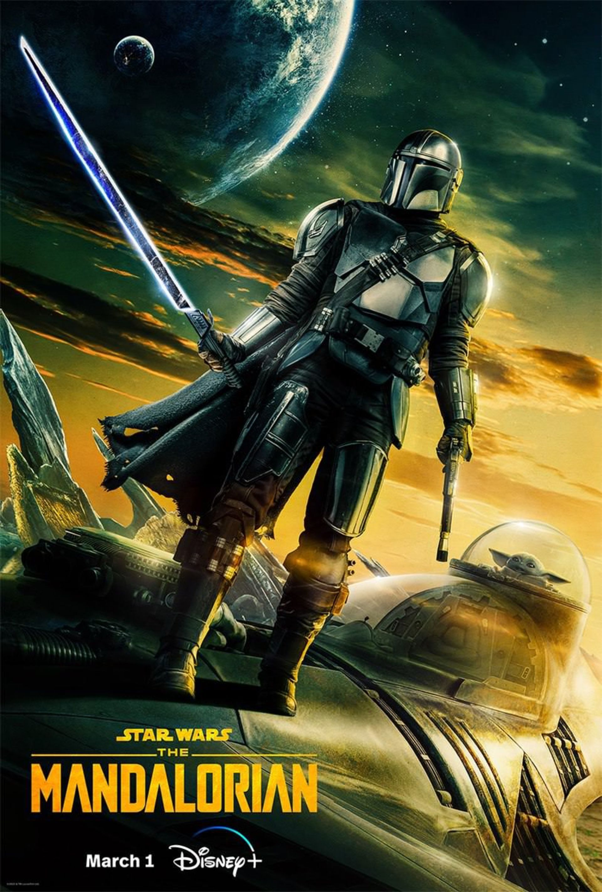 مندلورین با شمشیر دارک سیبر در دستش در پوستر جدید فصل سوم سریال The Mandalorian