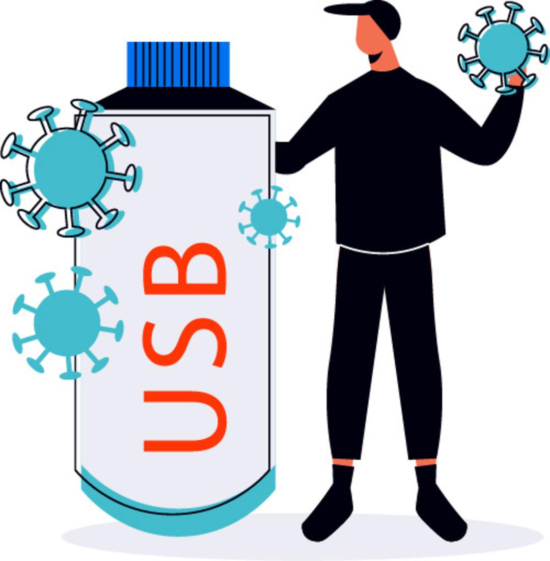 مردی ویروس در دست و USB در دست راست