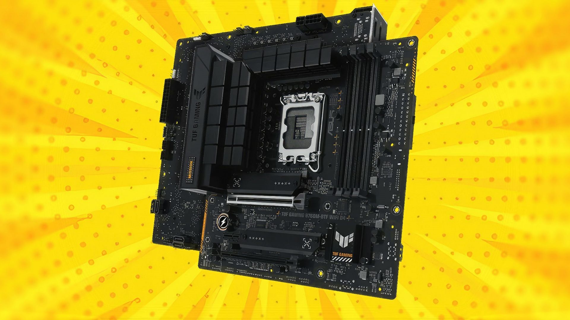 تصویر مادربرد B760M TUF Gaming BTF با پس زمینه زرد